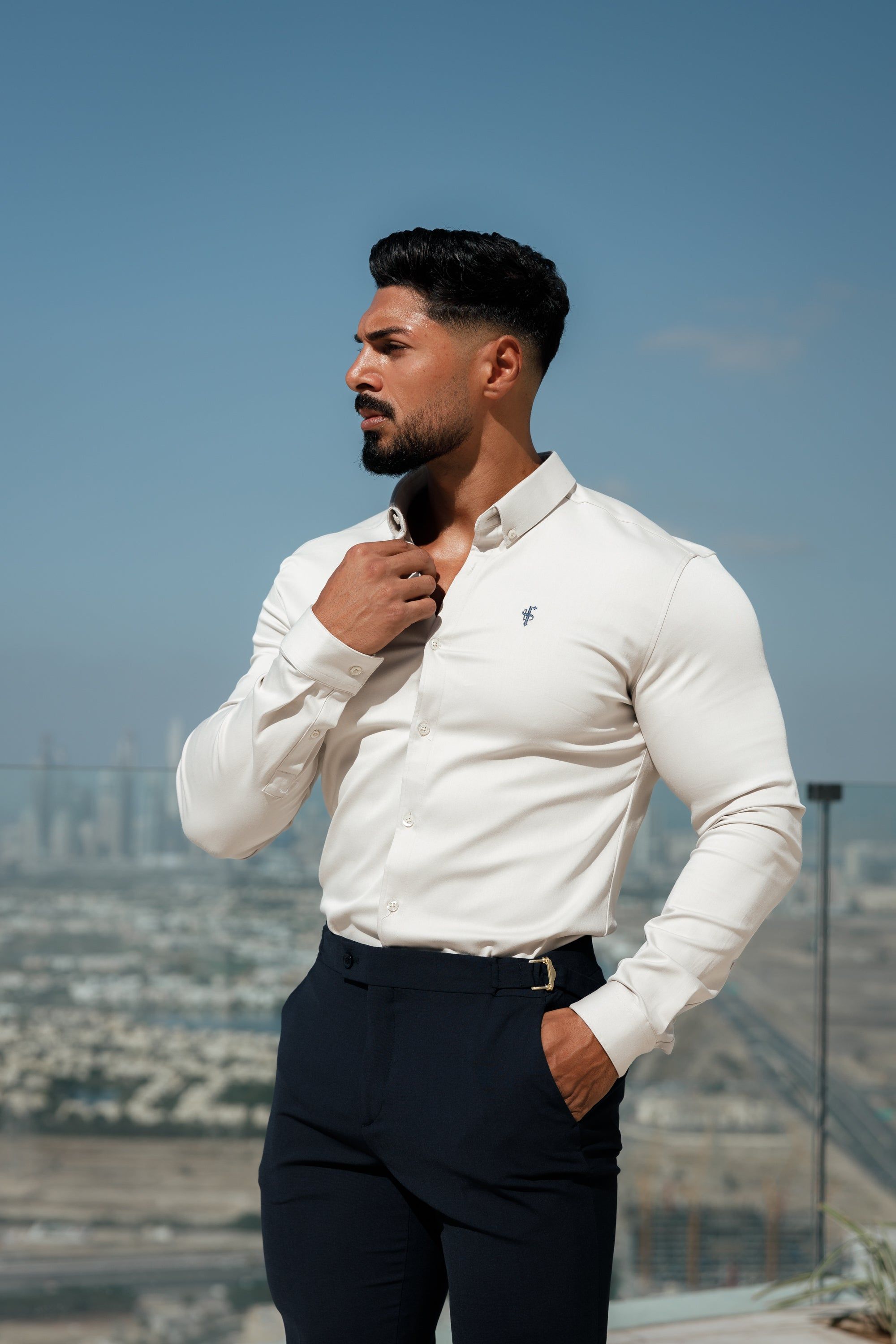 Father Sons Super Slim Stretch Oatmeal Denim Long Sleeve With Button Down Collar - FS1024 sold by Father Sons product image thumbnail 3