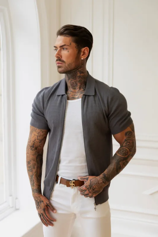 Father Sons Classic Knitted Geo Design With Full Length Zip Gunmetal Short Sleeve - FSN150 sold by Father Sons