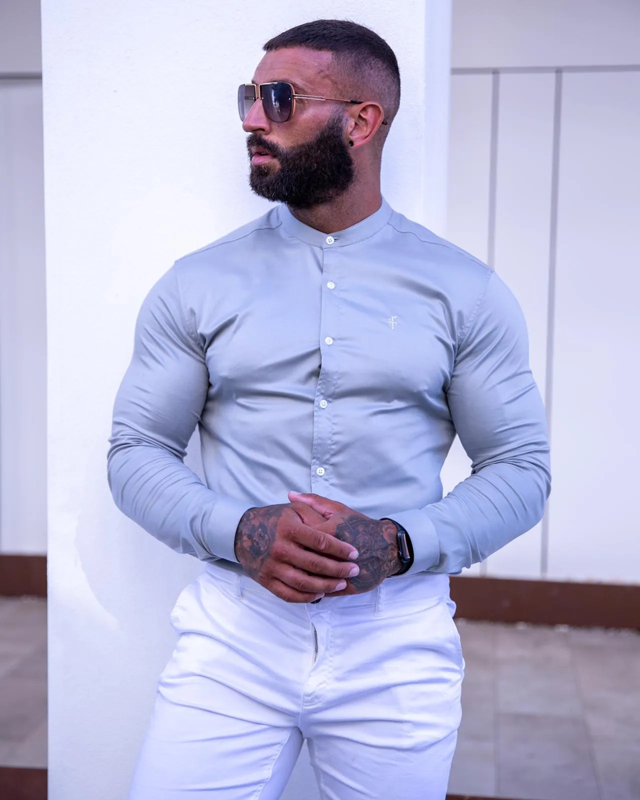Father Sons Super Slim Luxe Ultra Stretch Light Grey Long Sleeve with Grandad Collar - FS779 sold by Father Sons
