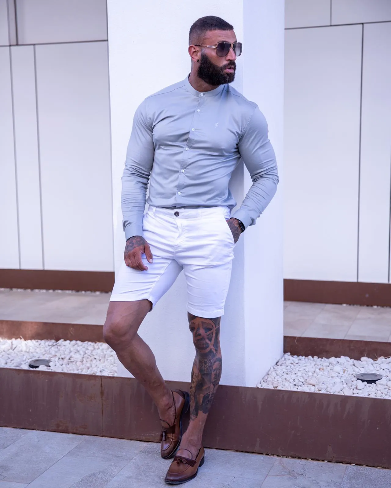 Father Sons Super Slim Luxe Ultra Stretch Light Grey Long Sleeve with Grandad Collar - FS779 sold by Father Sons product image thumbnail 2