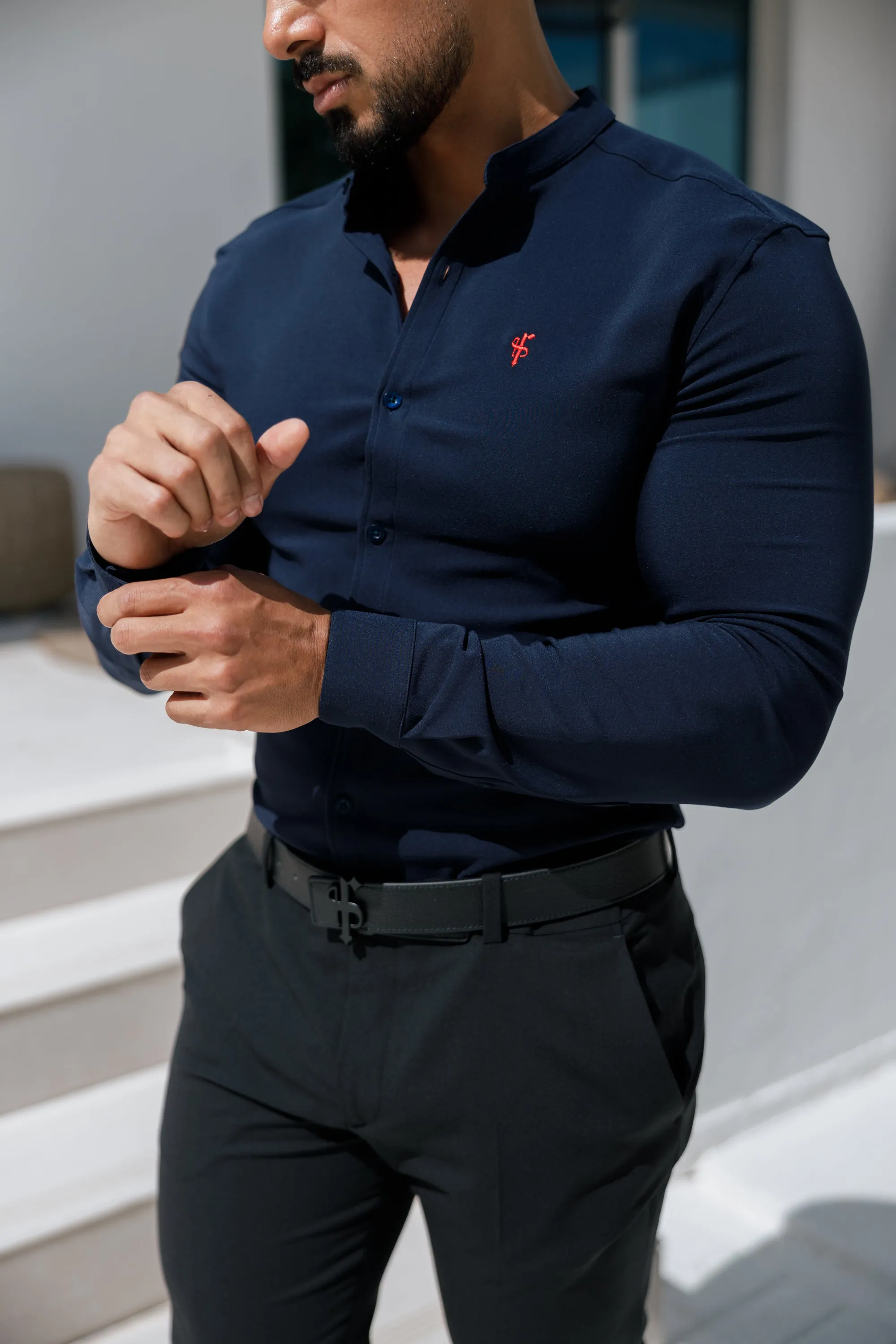 Father Sons Super Slim Scuba Navy / Red Long Sleeve Stretch with Grandad Collar - FS1000 sold by Father Sons