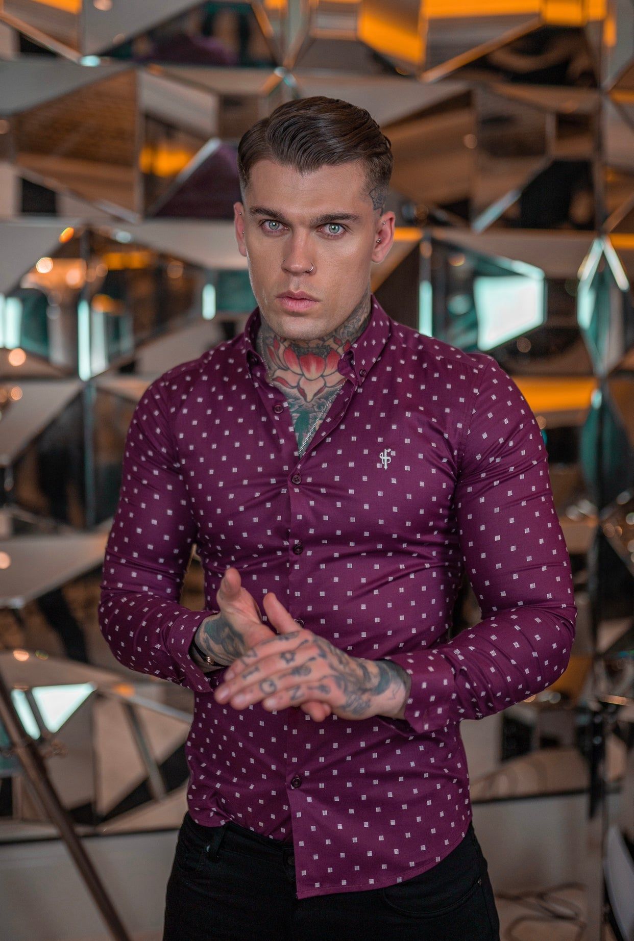 Father Sons Super Slim Stretch Burgundy & White Broken Square Print Long Sleeve - FS660 sold by Father Sons product image thumbnail 2