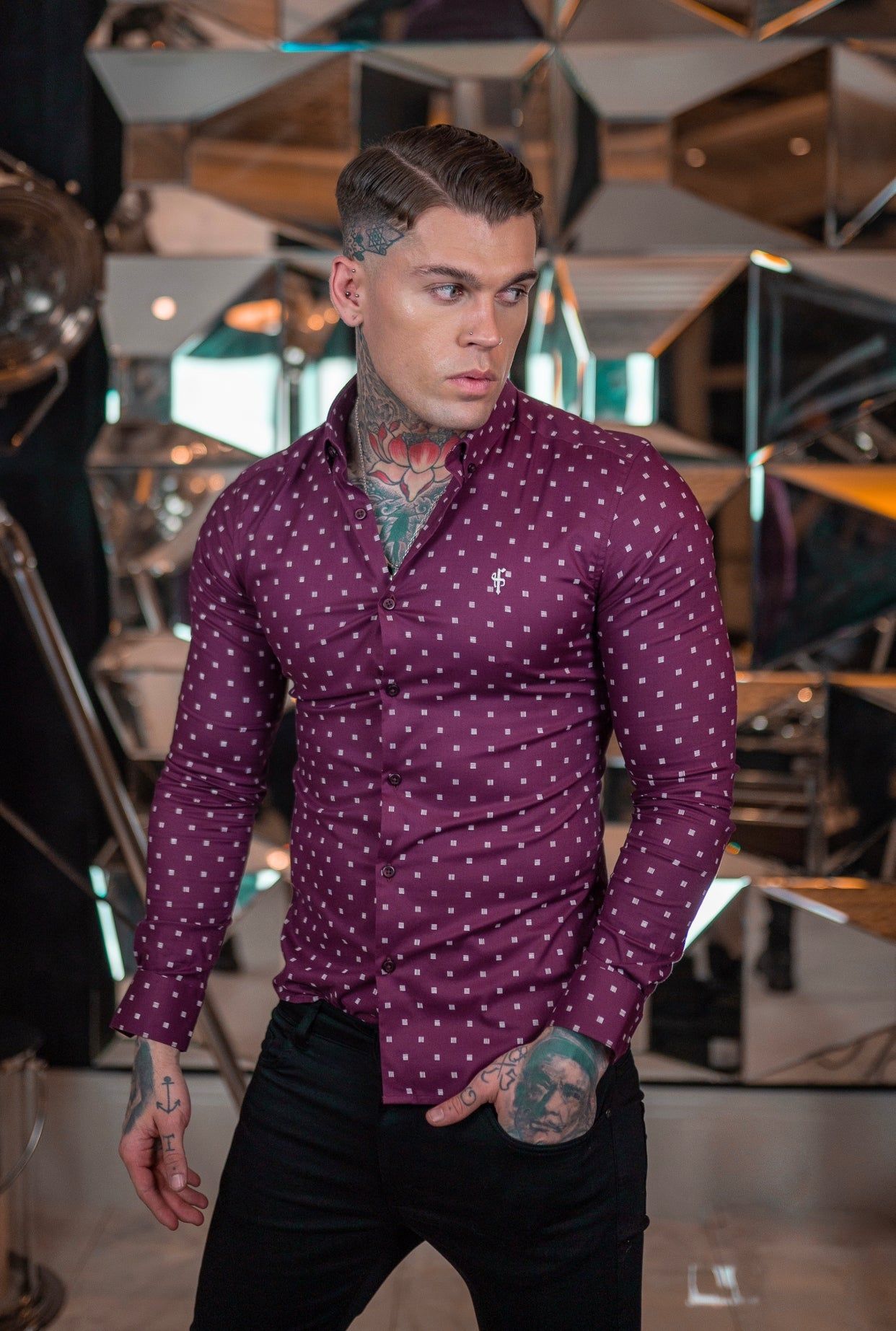 Father Sons Super Slim Stretch Burgundy & White Broken Square Print Long Sleeve - FS660 sold by Father Sons product image thumbnail 3