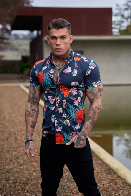 Father Sons Super Slim Stretch Navy / Red Carnation Print Short Sleeve with Button Down Collar - FS853 sold by Father Sons