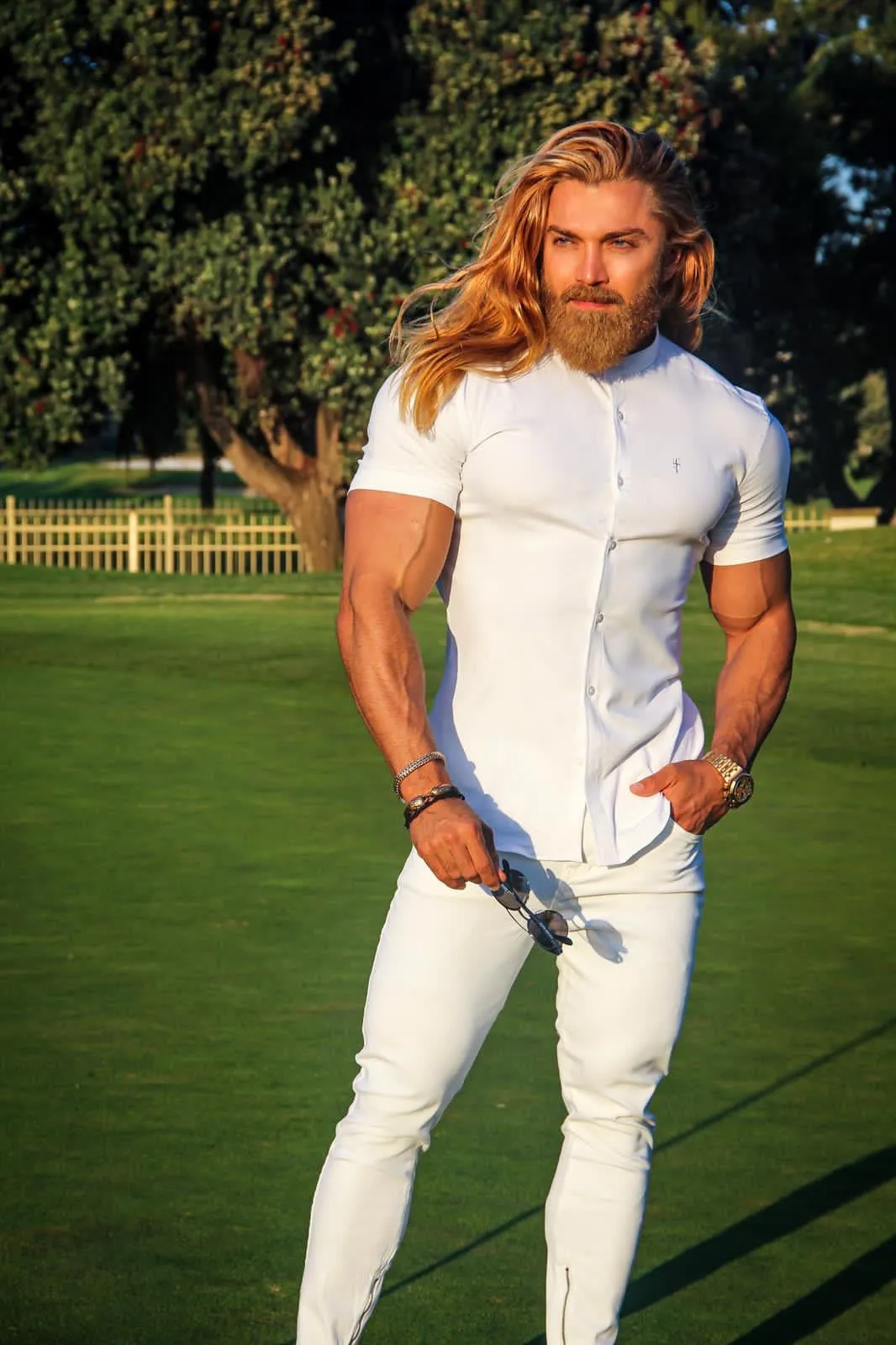 Father Sons Super Slim Stretch Classic All White Grandad Collar Short Sleeve - FS580 sold by Father Sons product image thumbnail 2