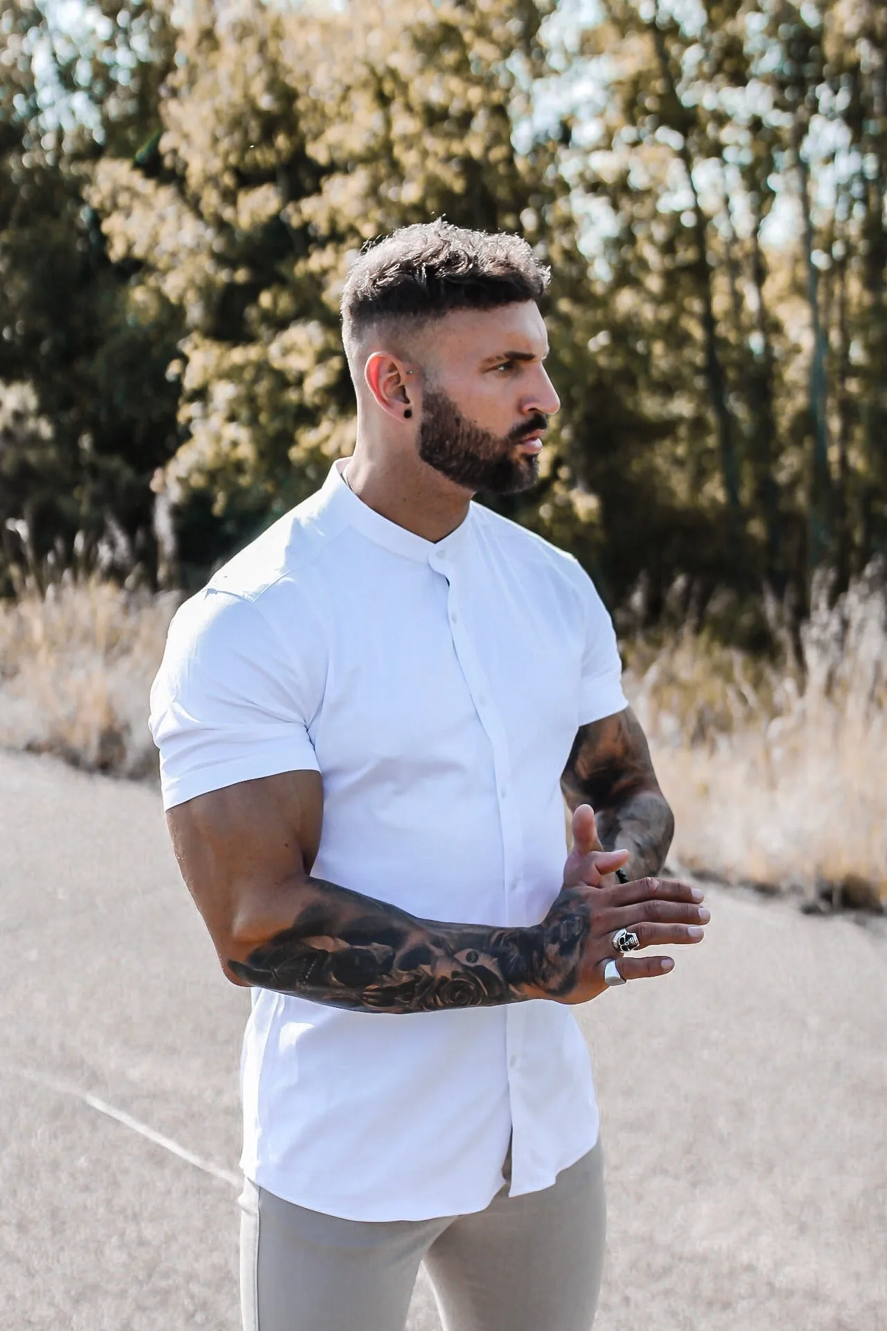 Father Sons Super Slim Stretch Classic All White Grandad Collar Short Sleeve - FS580 sold by Father Sons product image thumbnail 4