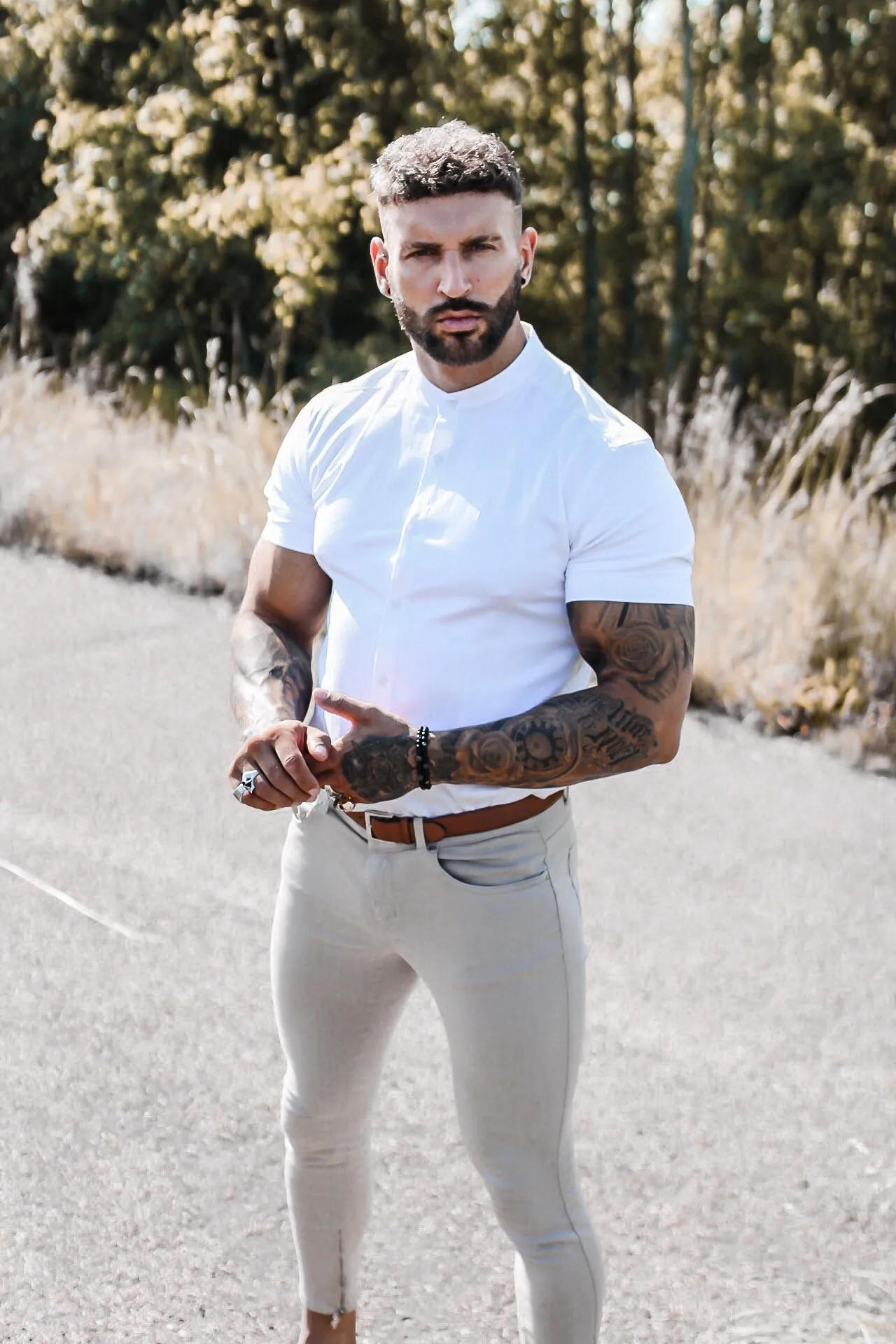 Father Sons Super Slim Stretch Classic All White Grandad Collar Short Sleeve - FS580 sold by Father Sons product image thumbnail 3