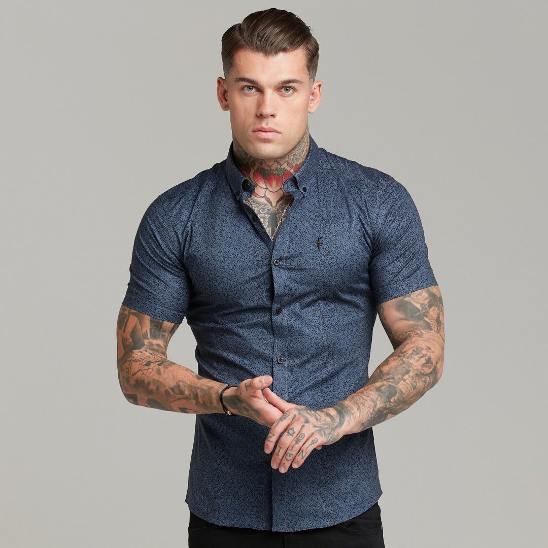 Father Sons Super Slim Stretch Classic Blue and Black Dapple Print Short Sleeve - FS437 sold by Father Sons