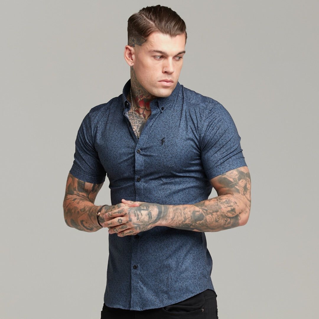Father Sons Super Slim Stretch Classic Blue and Black Dapple Print Short Sleeve - FS437 sold by Father Sons product image thumbnail 4