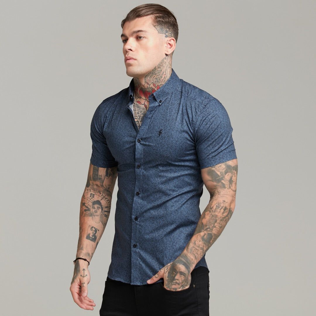 Father Sons Super Slim Stretch Classic Blue and Black Dapple Print Short Sleeve - FS437 sold by Father Sons product image thumbnail 3