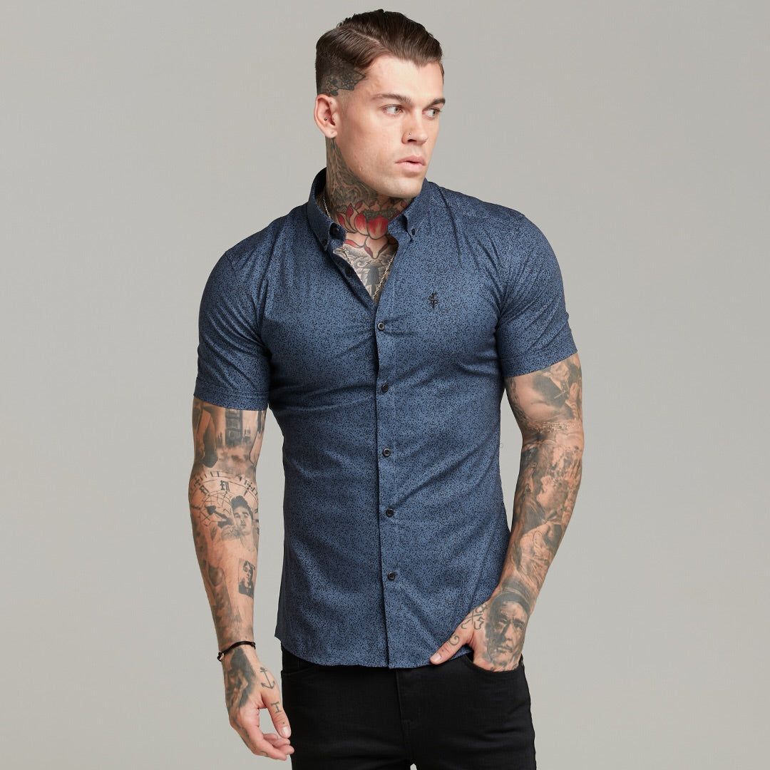 Father Sons Super Slim Stretch Classic Blue and Black Dapple Print Short Sleeve - FS437 sold by Father Sons product image thumbnail 5