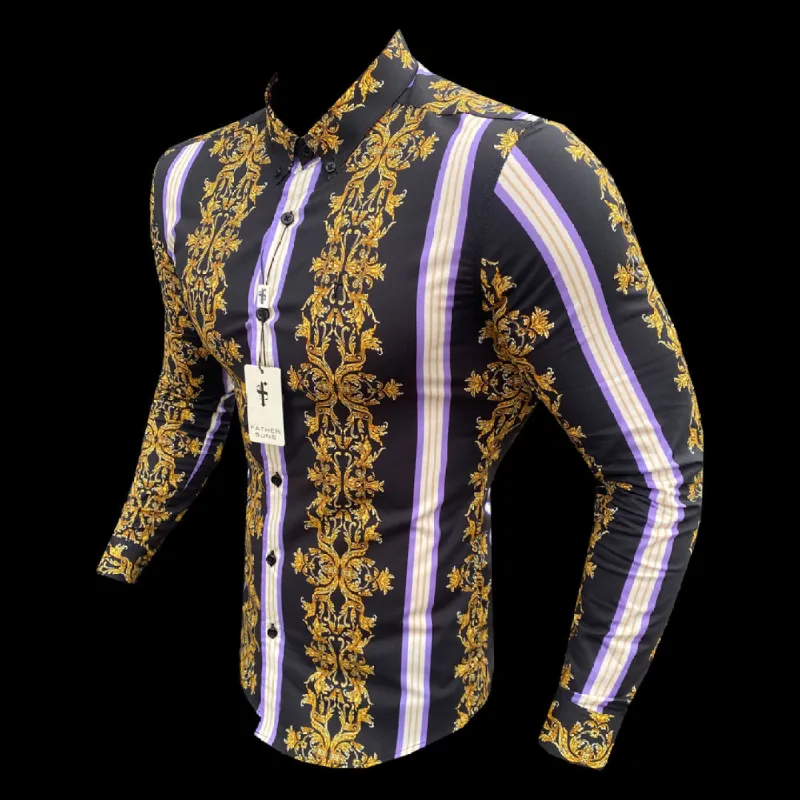 Father Sons Super Slim Stretch Black / Gold / Purple Stripe Print Long Sleeve with Button Down Collar - FS810 sold by Father Sons
