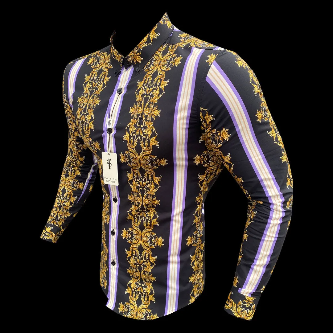 Super Slim Stretch Black / Gold / Purple Stripe Print Long Sleeve with Button Down Collar - FS810 sold by Father Sons