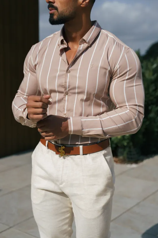 Father Sons Super Slim Stretch Taupe Printed Wide Stripe Long Sleeve with Button Down Collar - FS1065 sold by Father Sons