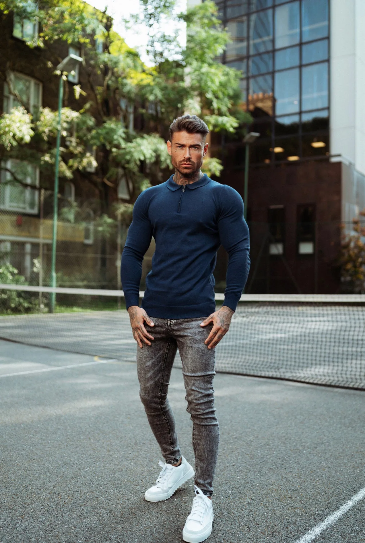 Father Sons Classic Navy Merino Wool Knitted Zip Polo Long Sleeve Sweater With FS Embroidery- FSN007 sold by Father Sons product image thumbnail 3