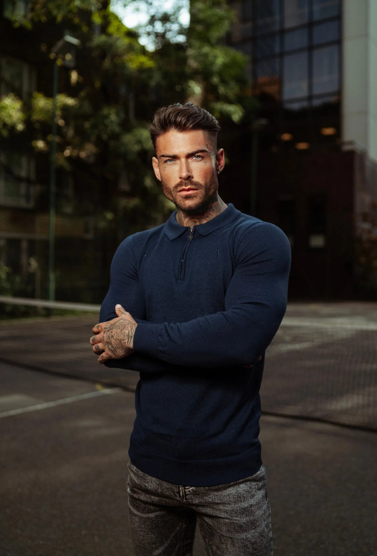 Father Sons Classic Navy Merino Wool Knitted Zip Polo Long Sleeve Sweater With FS Embroidery- FSN007 sold by Father Sons product image thumbnail 2