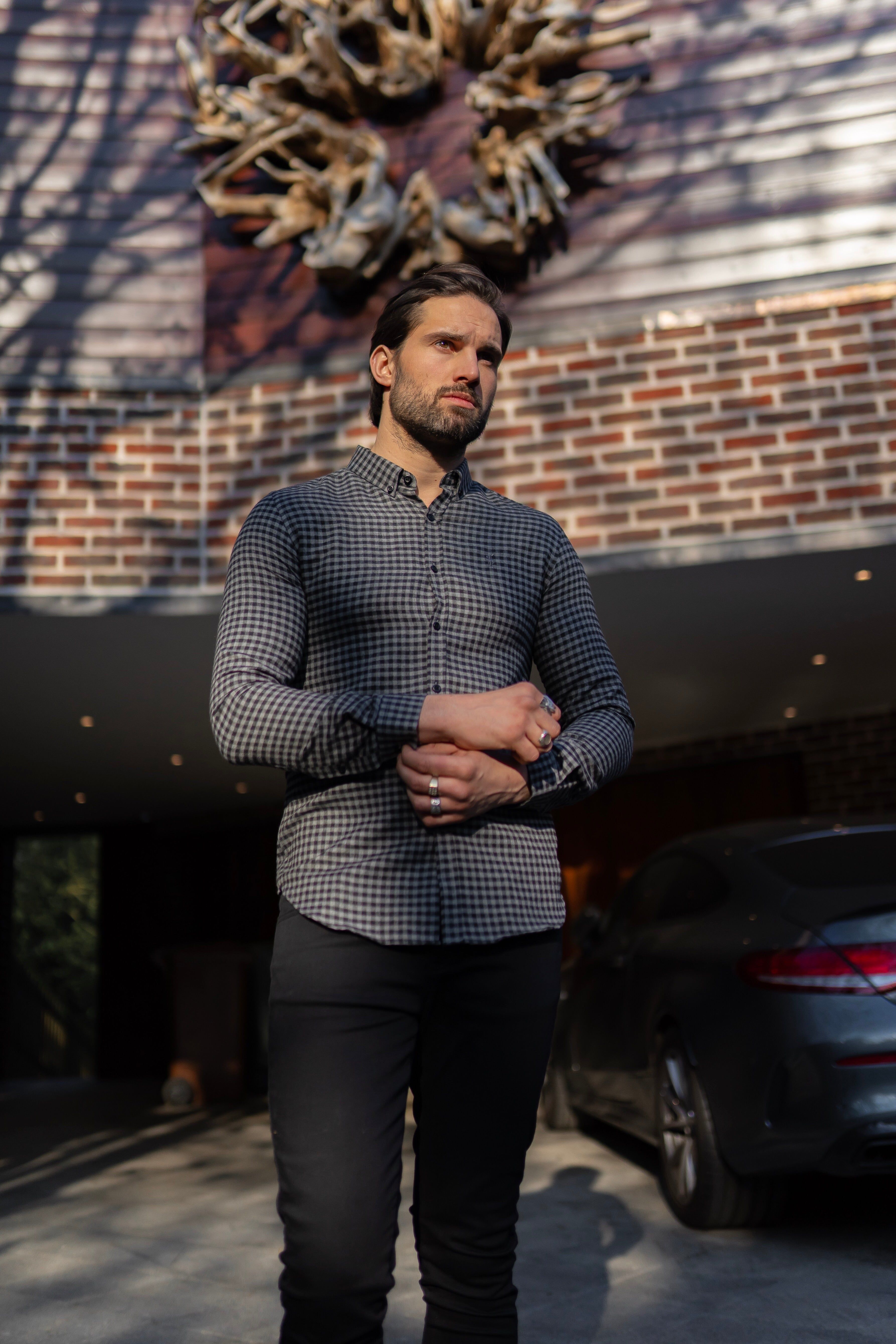 Father Sons Classic Black & Grey Brushed Check Long Sleeve (Grey Emblem) - FS411 sold by Father Sons