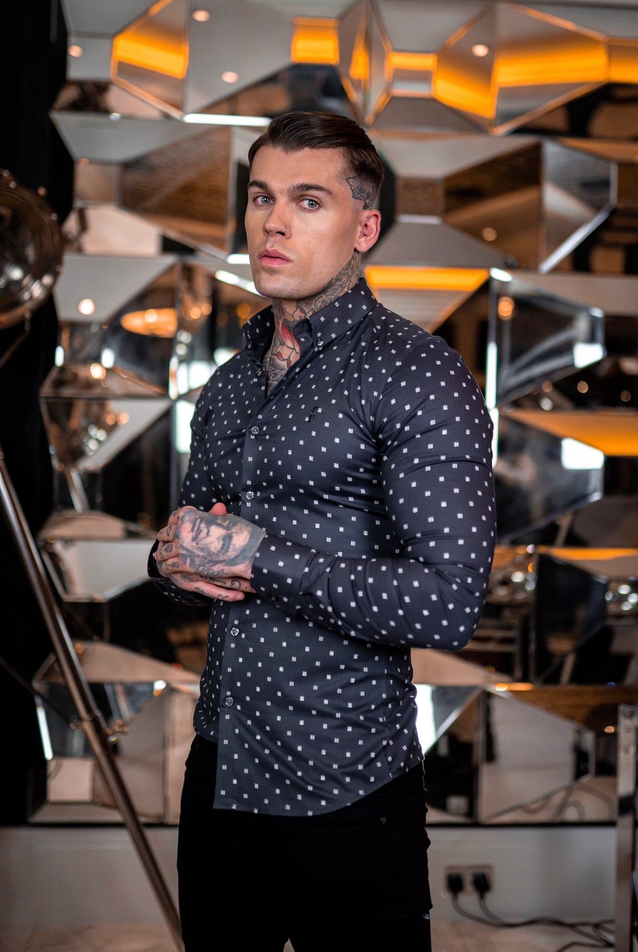 Father Sons Super Slim Stretch Charcoal & Off White Broken Square Print Long Sleeve - FS663 sold by Father Sons product image thumbnail 2