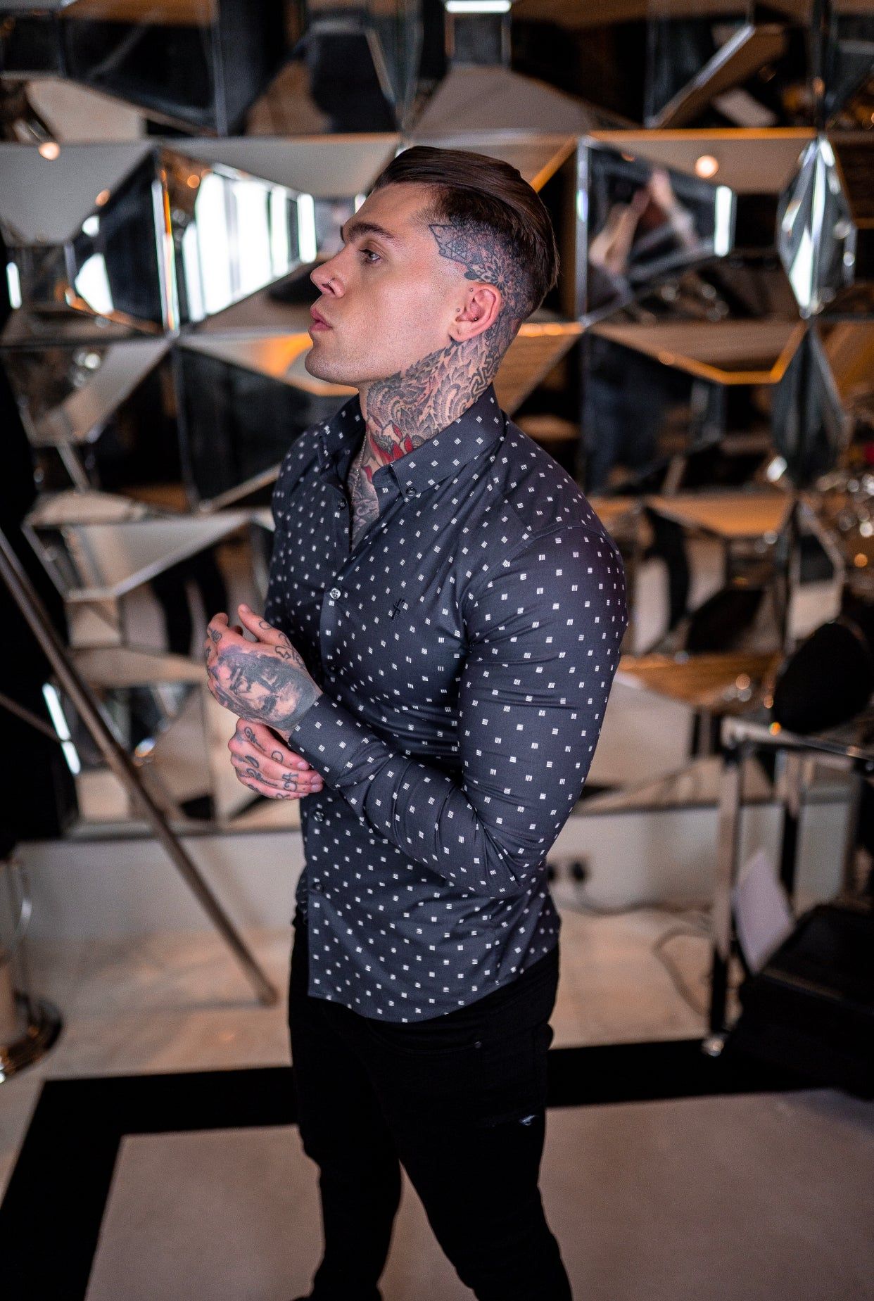 Father Sons Super Slim Stretch Charcoal & Off White Broken Square Print Long Sleeve - FS663 sold by Father Sons product image thumbnail 5