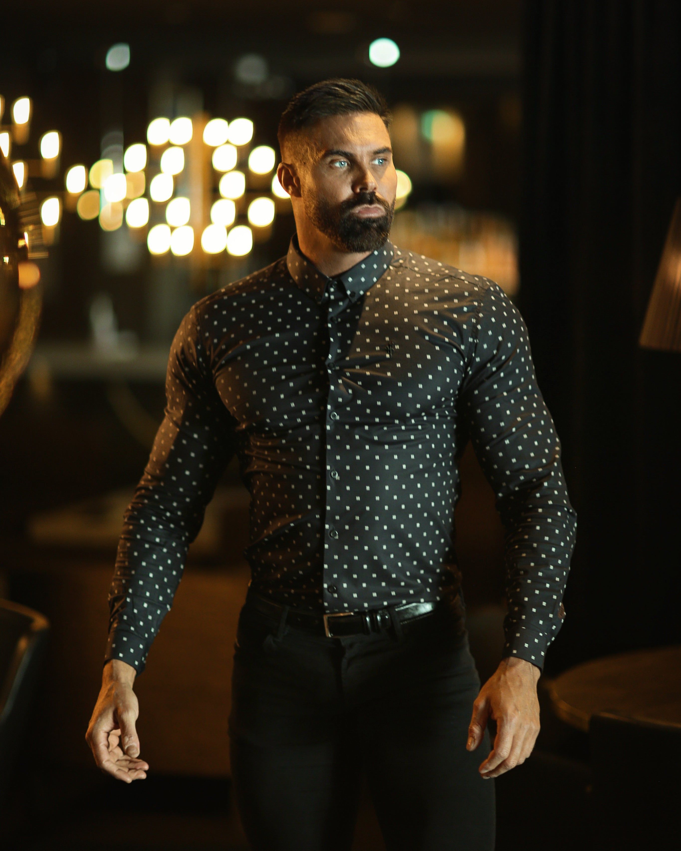 Father Sons Super Slim Stretch Charcoal & Off White Broken Square Print Long Sleeve - FS663 sold by Father Sons