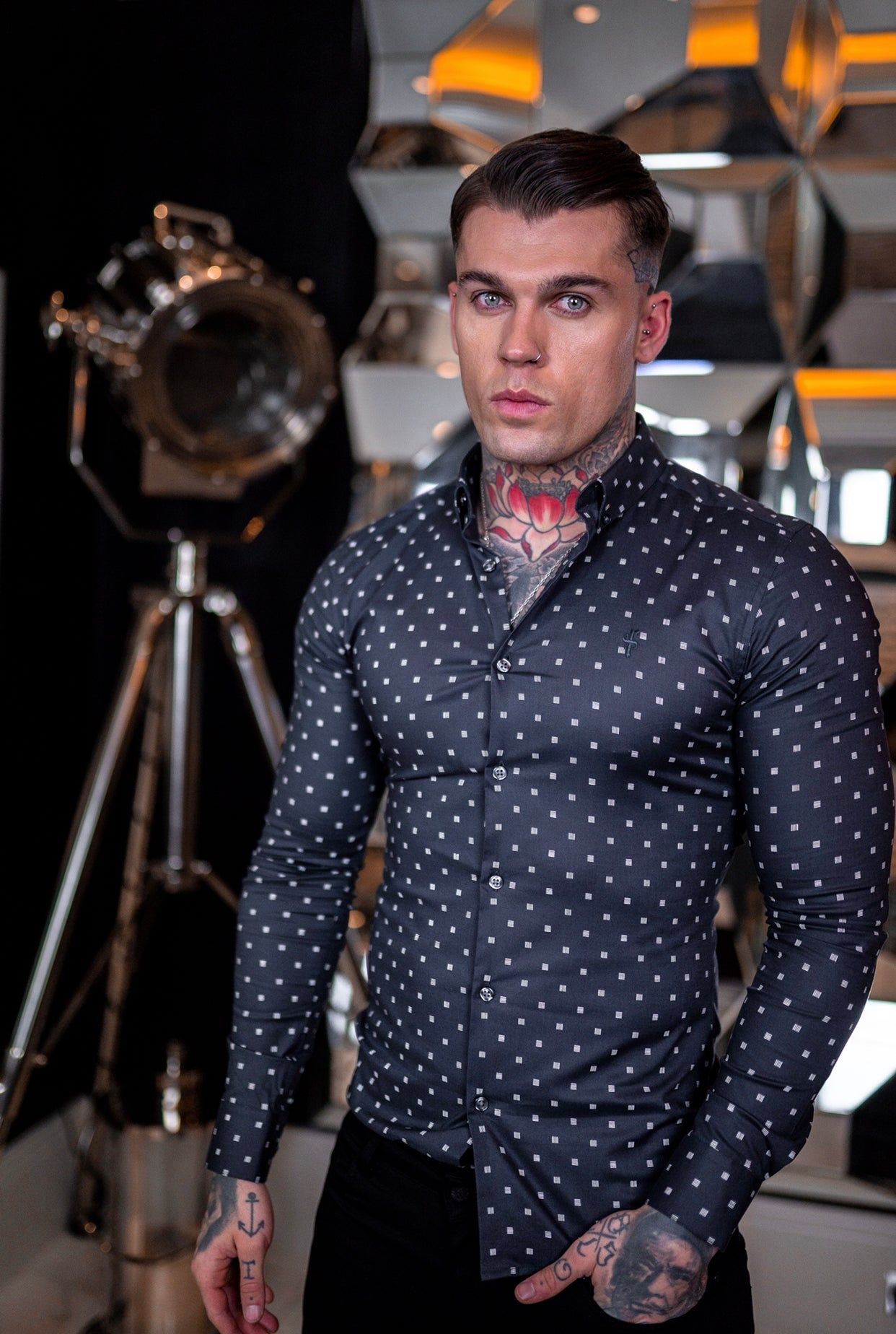 Father Sons Super Slim Stretch Charcoal & Off White Broken Square Print Long Sleeve - FS663 sold by Father Sons product image thumbnail 4