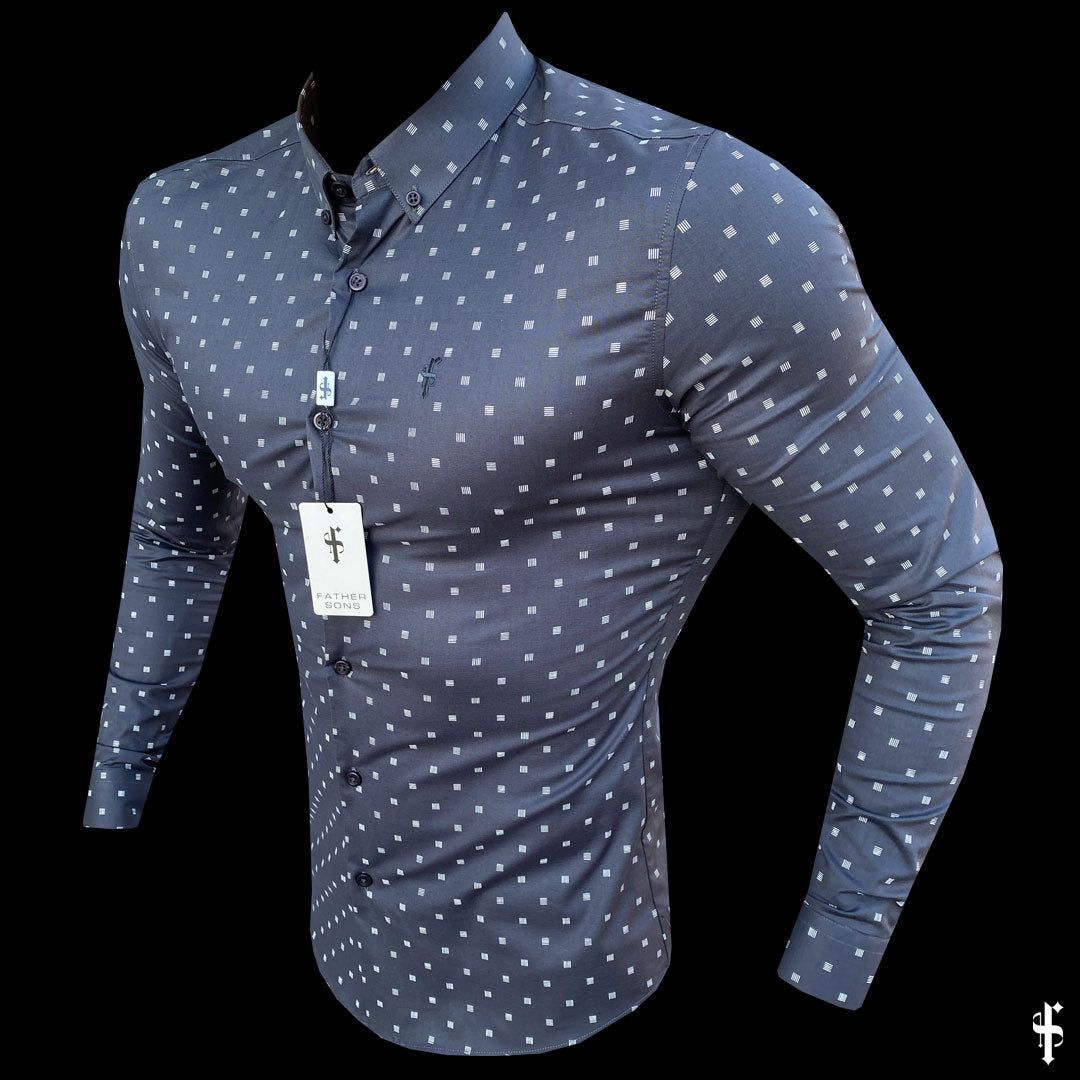 Father Sons Super Slim Stretch Charcoal & Off White Broken Square Print Long Sleeve - FS663 sold by Father Sons product image thumbnail 3