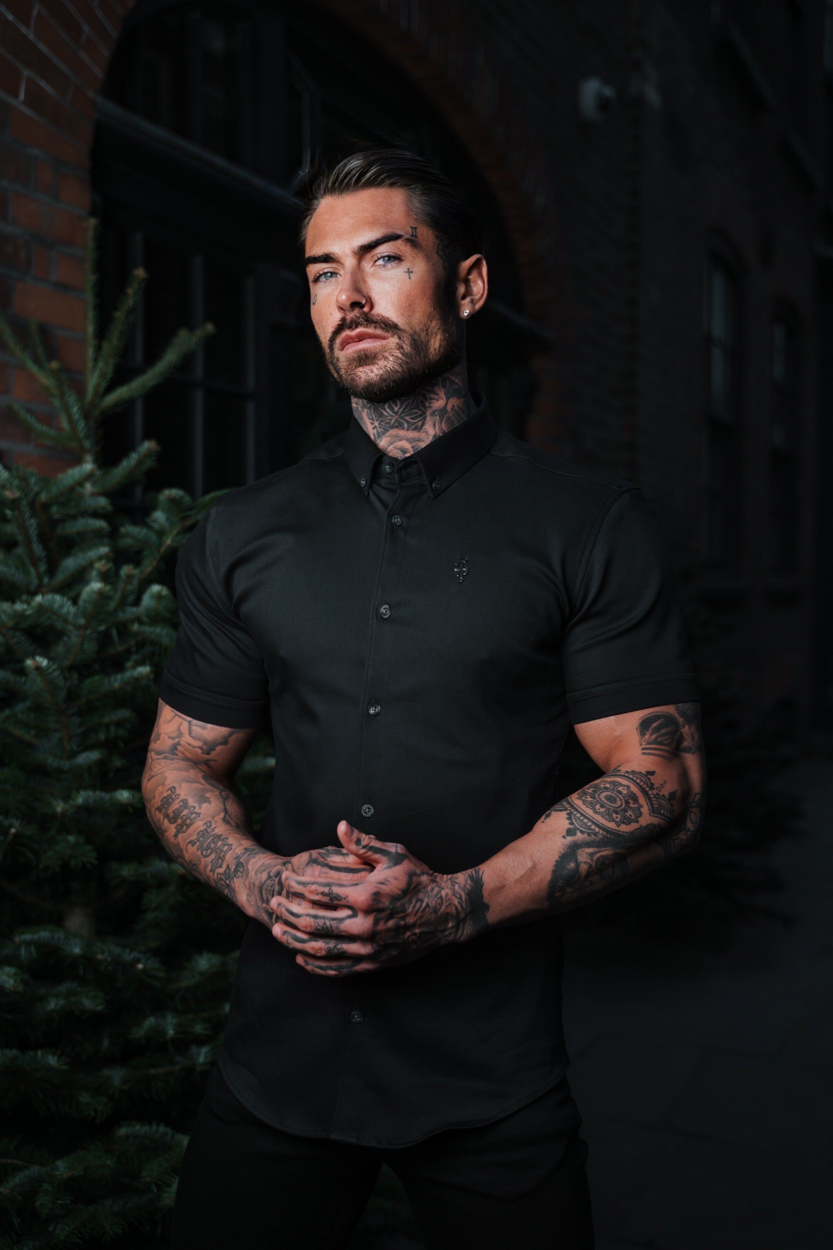 Father Sons Super Slim Stretch Black Denim Short Sleeve with Metal Decal Emblem - FS643 sold by Father Sons