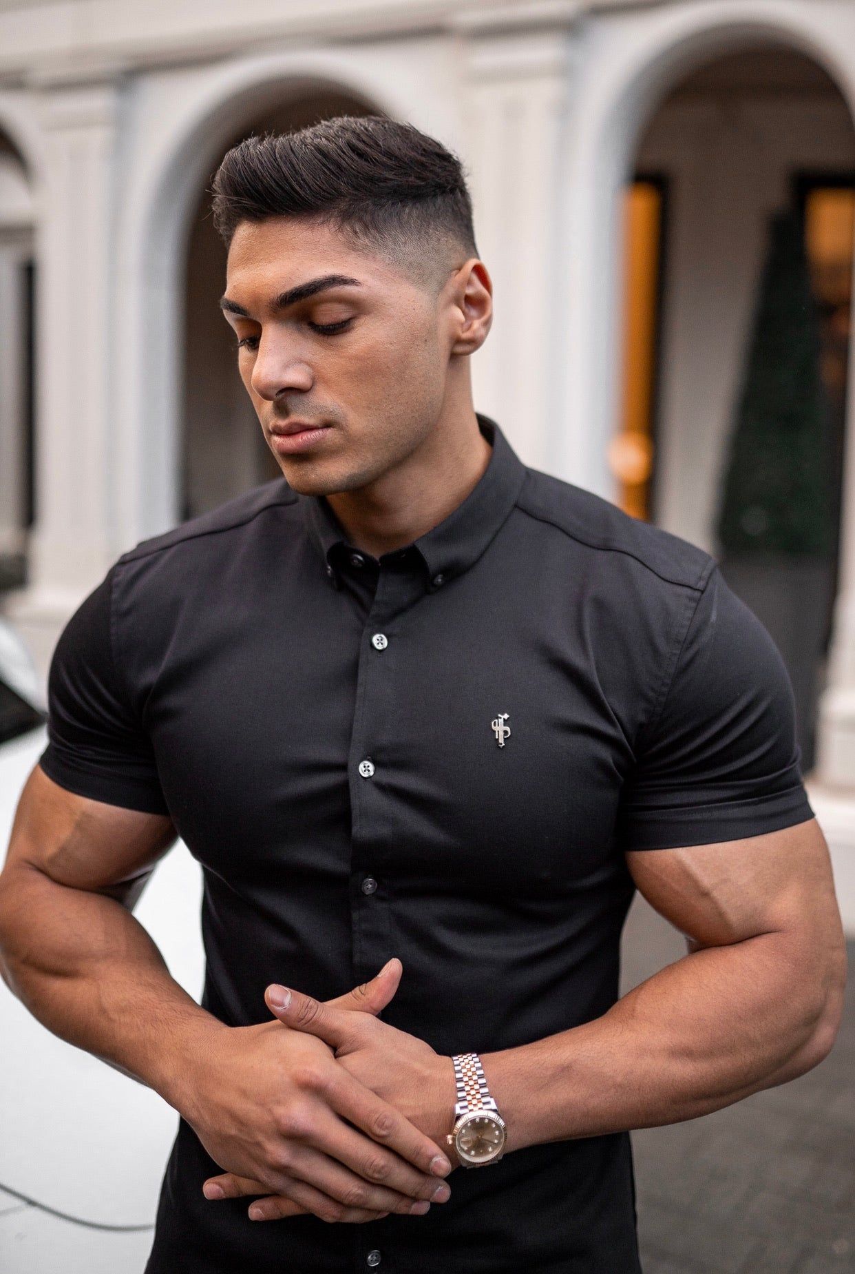 Father Sons Super Slim Stretch Black Denim Short Sleeve with Metal Decal Emblem - FS643 sold by Father Sons product image thumbnail 4