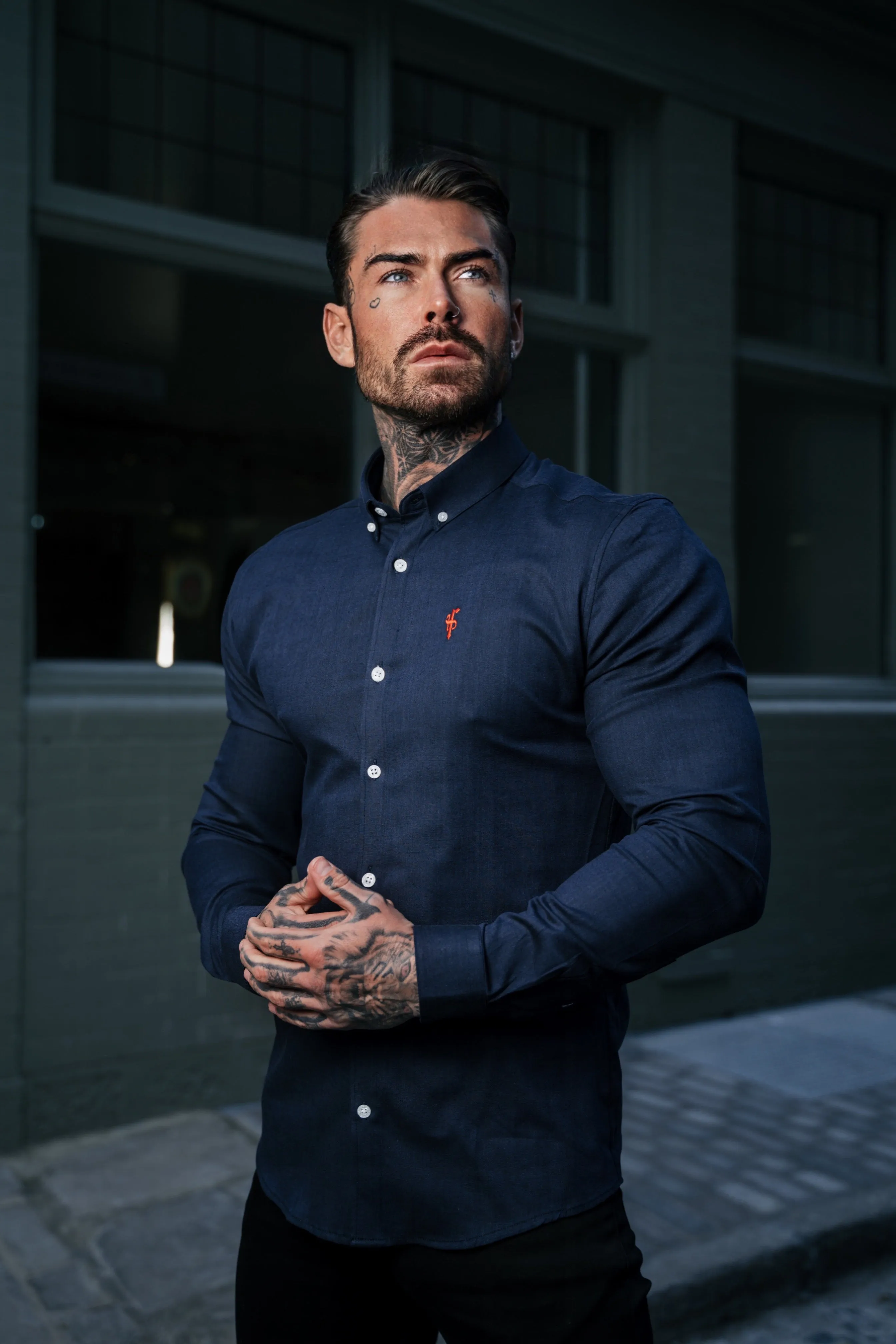 Father Sons Super Slim Stretch Classic Oxford Navy (Red Emblem) - FS308 sold by Father Sons