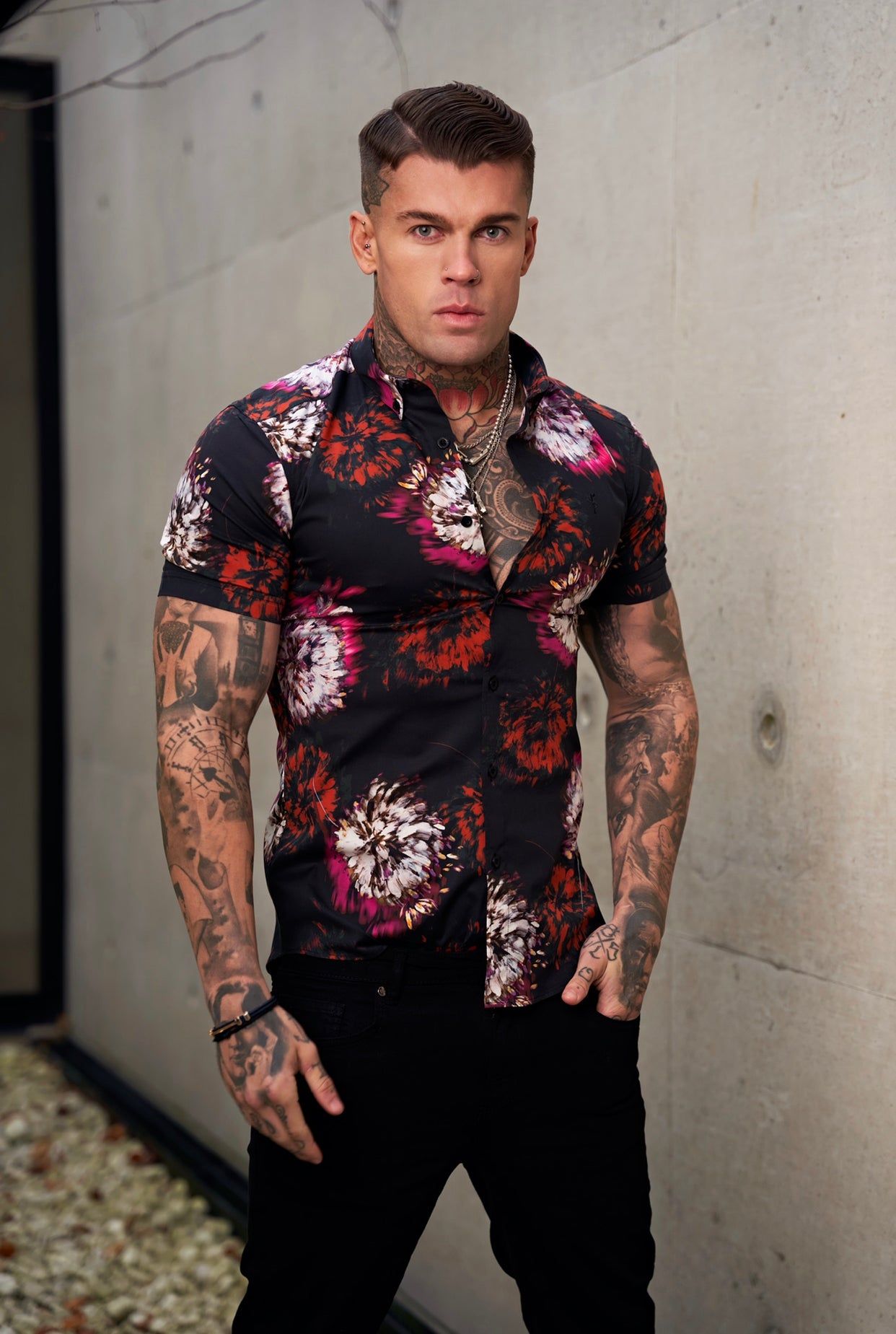 Father Sons Super Slim Stretch Black with Red / Pink Blurred Flower Print Short Sleeve with Button Down Collar - FS845 sold by Father Sons product image thumbnail 2
