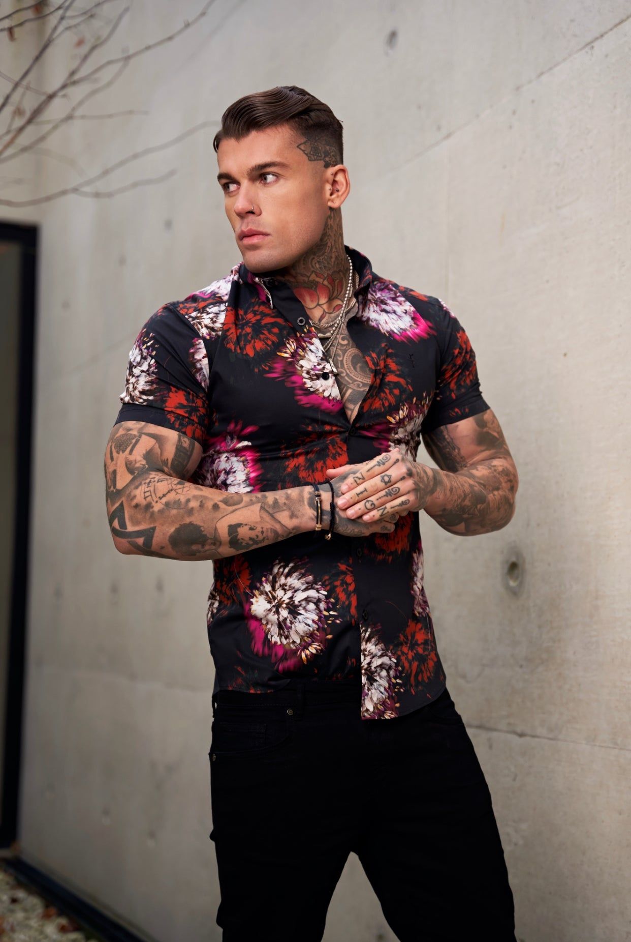 Father Sons Super Slim Stretch Black with Red / Pink Blurred Flower Print Short Sleeve with Button Down Collar - FS845 sold by Father Sons product image thumbnail 5