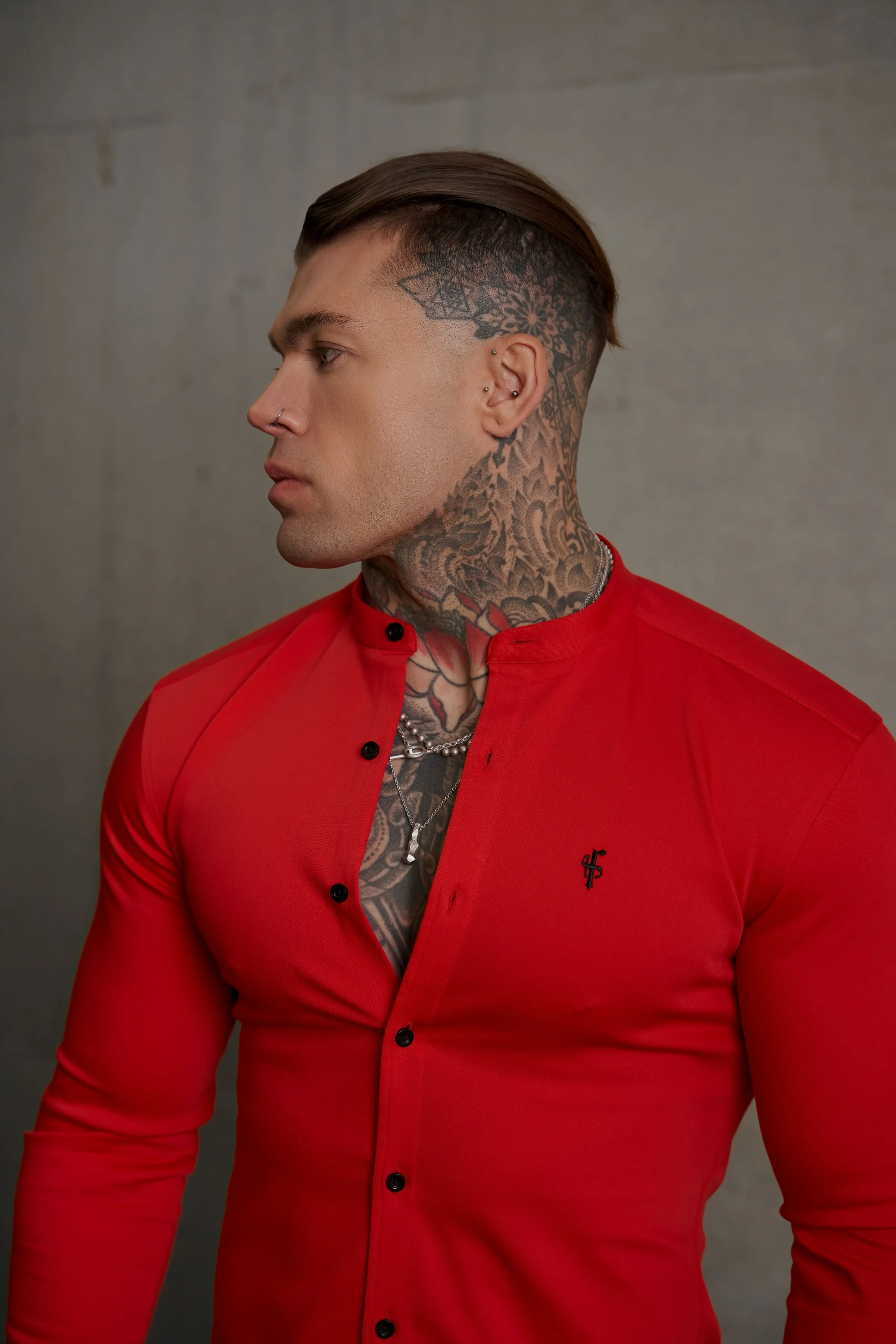 Father Sons Super Slim Denim Red Long Sleeve Stretch with Grandad Collar - FS1039 sold by Father Sons product image thumbnail 4