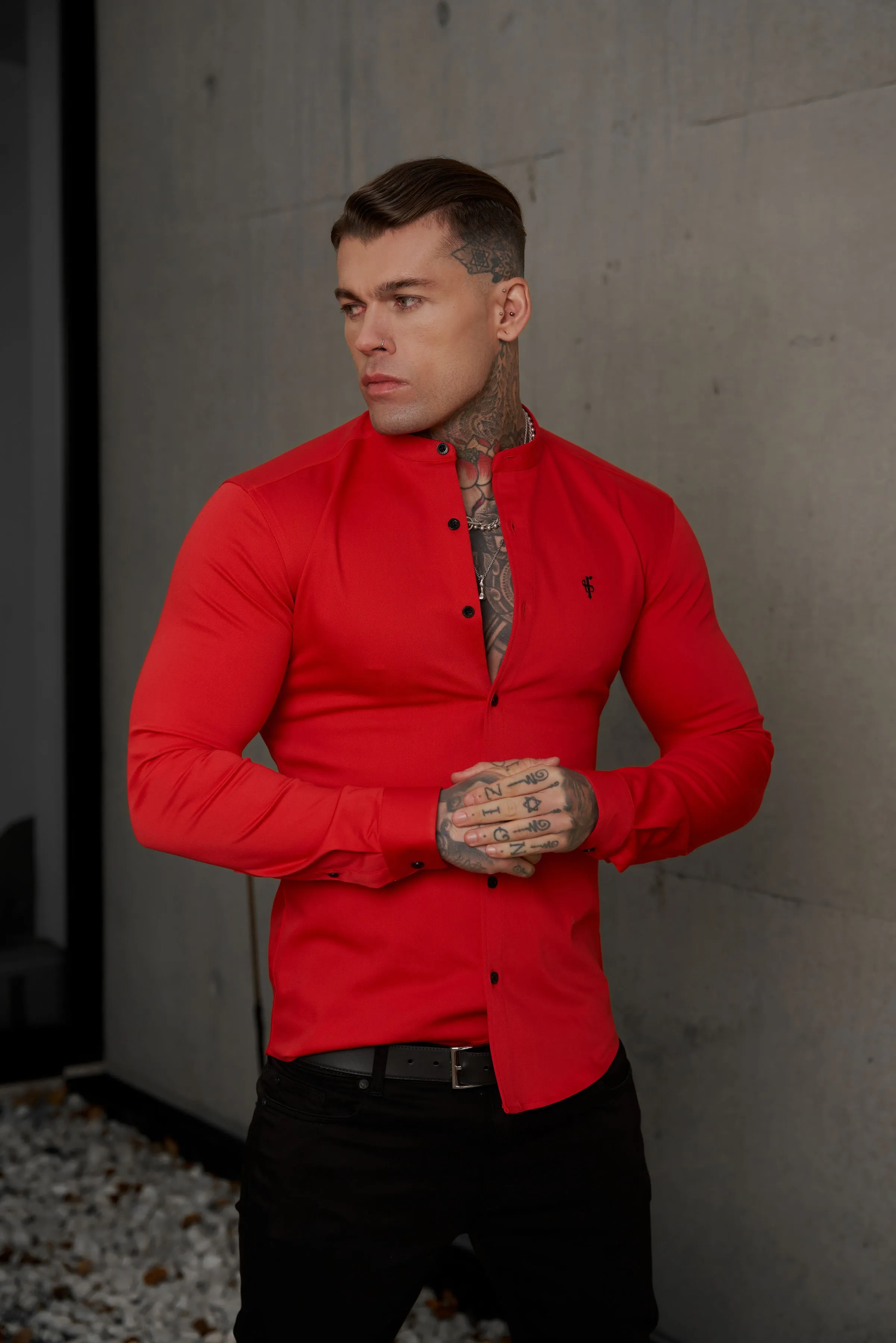 Father Sons Super Slim Denim Red Long Sleeve Stretch with Grandad Collar - FS1039 sold by Father Sons product image thumbnail 5