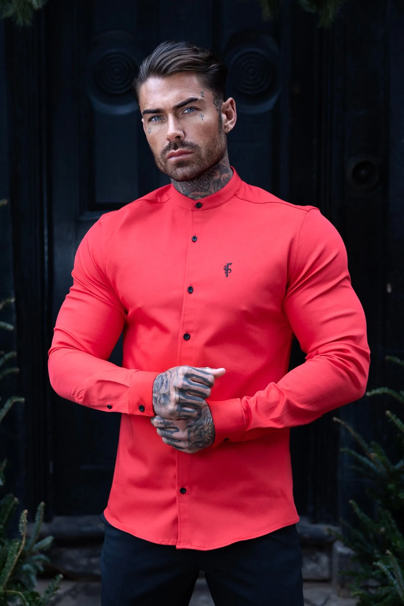 Father Sons Super Slim Denim Red Long Sleeve Stretch with Grandad Collar - FS1039 sold by Father Sons product image thumbnail 2