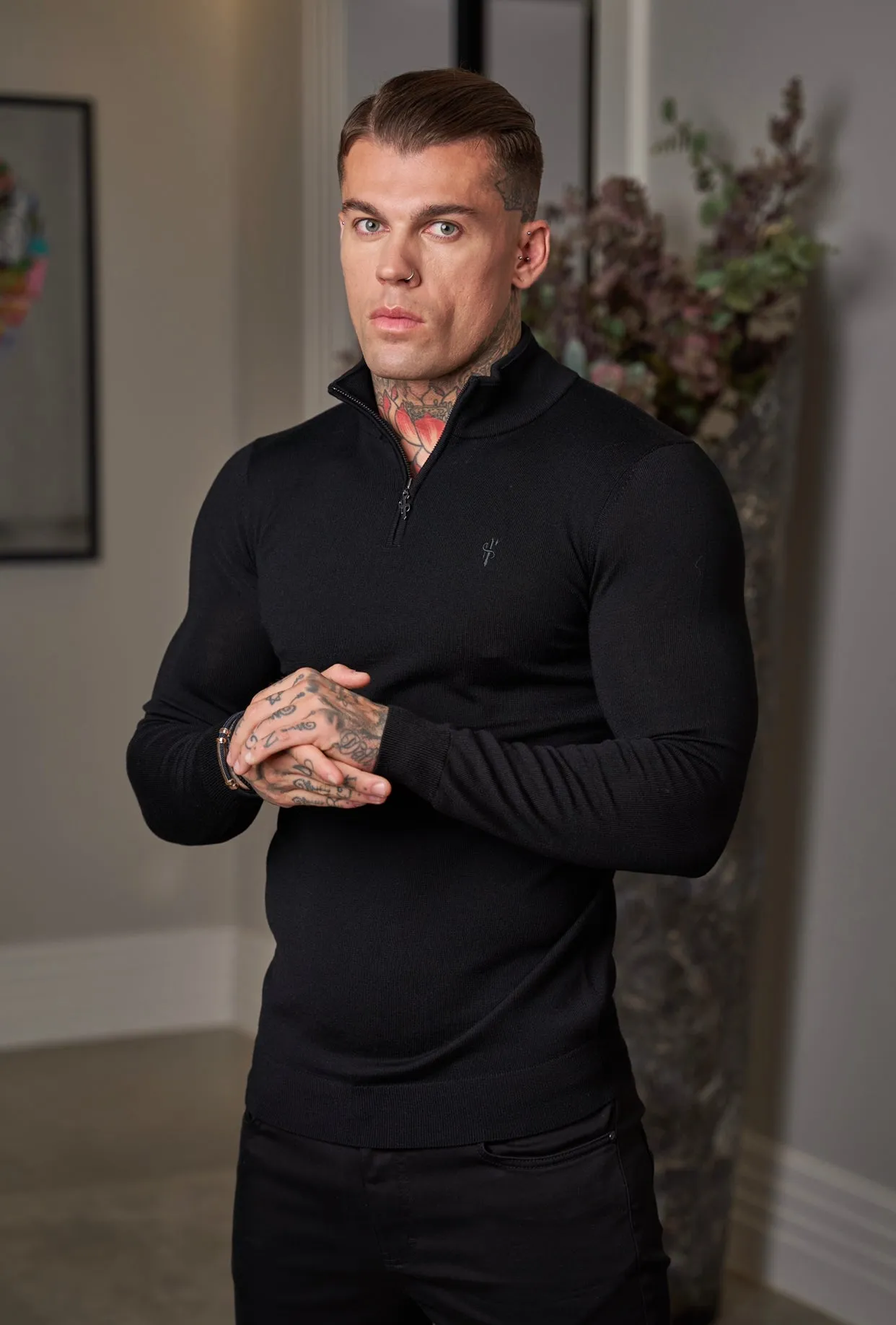 Father Sons Classic Black Merino Wool Knitted Funnel Neck Zip Long Sleeve Jumper With FS Embroidery- FSN004 sold by Father Sons product image thumbnail 2