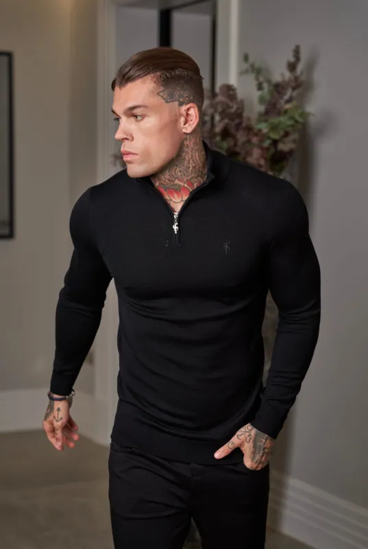 Father Sons Classic Black Merino Wool Knitted Funnel Neck Zip Long Sleeve Jumper With FS Embroidery- FSN004 sold by Father Sons