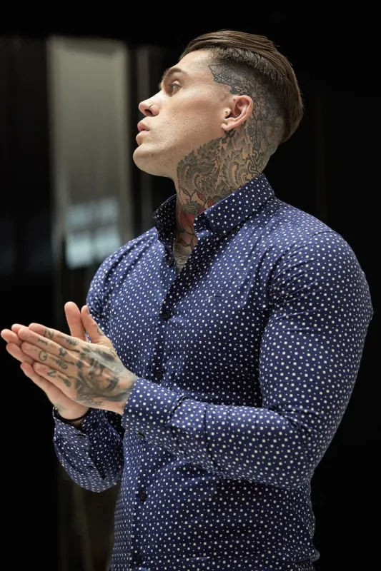 Father Sons Super Slim Stretch Blue & White Multi Square Print Long Sleeve - FS667 sold by Father Sons