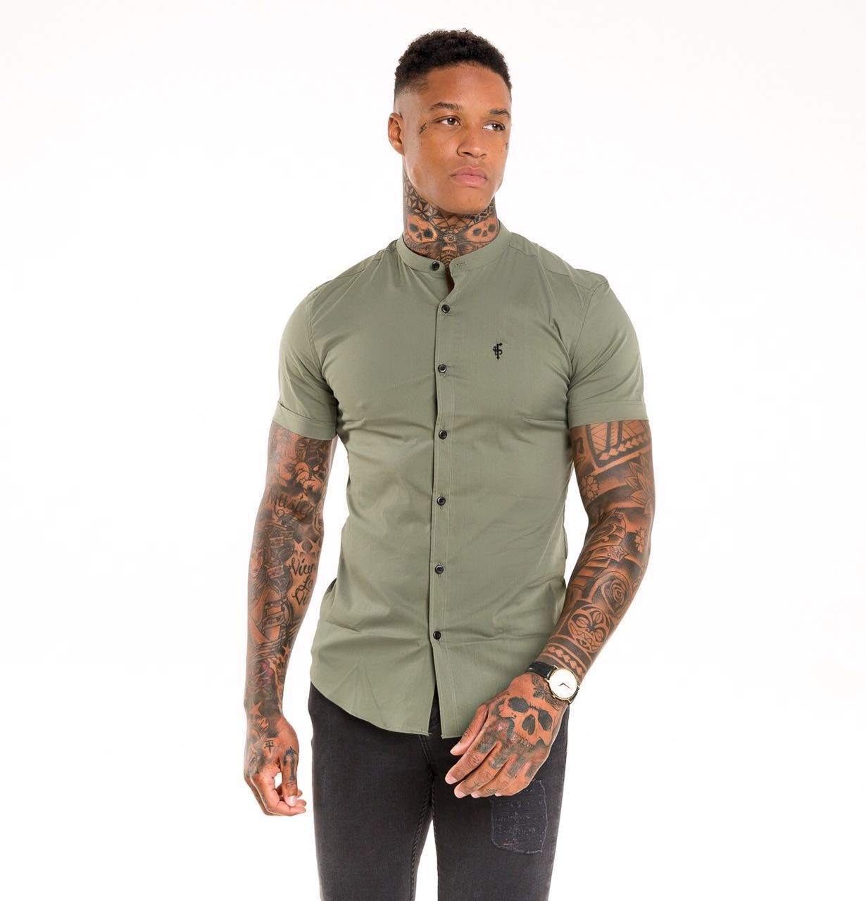 Father Sons Super Slim Stretch Classic Khaki Grandad Collar Short Sleeve - FS291 sold by Father Sons product image thumbnail 3