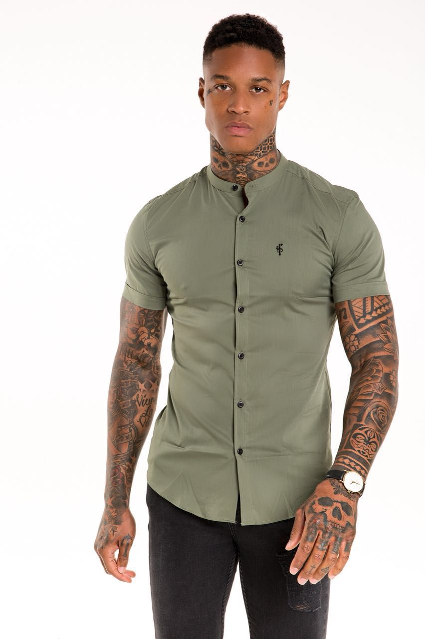 Father Sons Super Slim Stretch Classic Khaki Grandad Collar Short Sleeve - FS291 sold by Father Sons