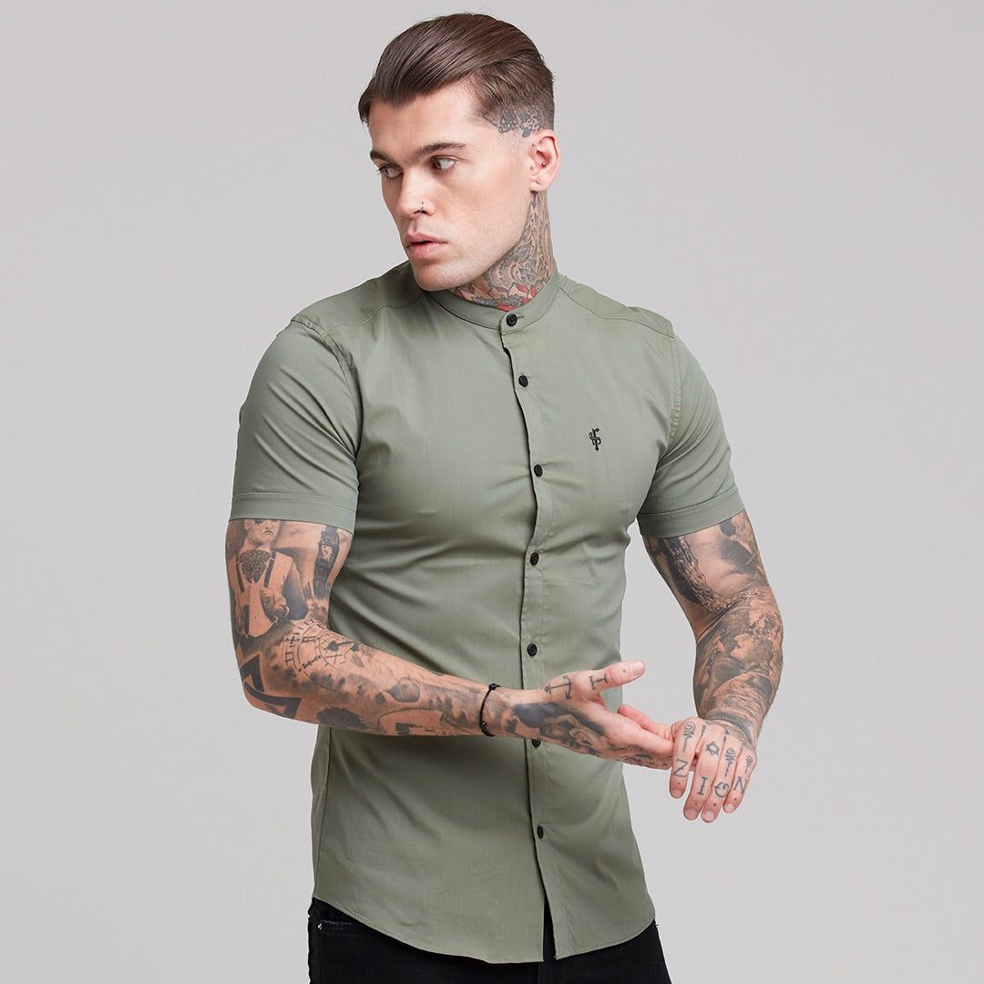 Father Sons Super Slim Stretch Classic Khaki Grandad Collar Short Sleeve - FS291 sold by Father Sons product image thumbnail 2