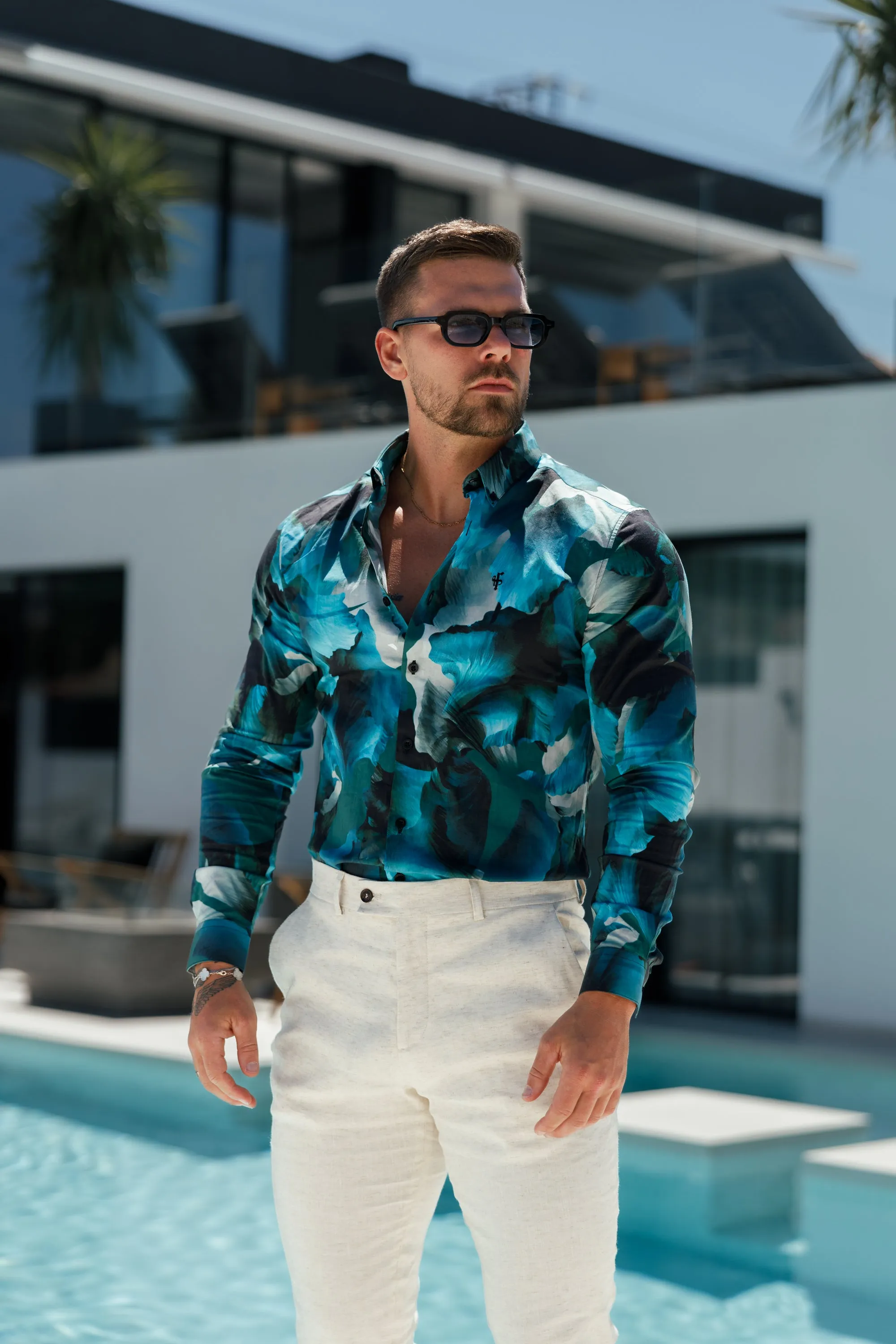 Classic Stretch LS Blue / Green Marine Print Button Down Collar - FS1109 sold by Father Sons product image thumbnail 3