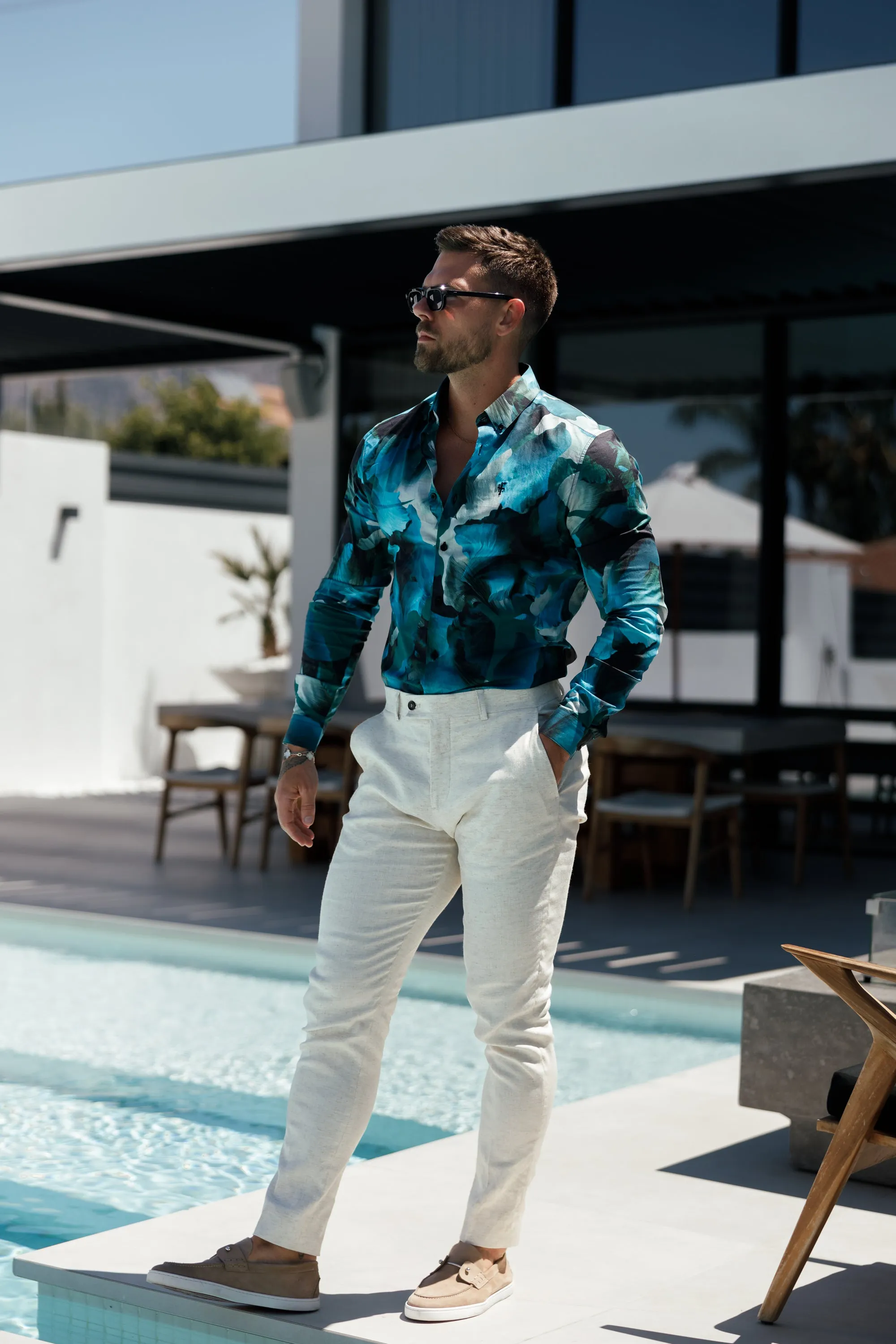 Classic Stretch LS Blue / Green Marine Print Button Down Collar - FS1109 sold by Father Sons product image thumbnail 5