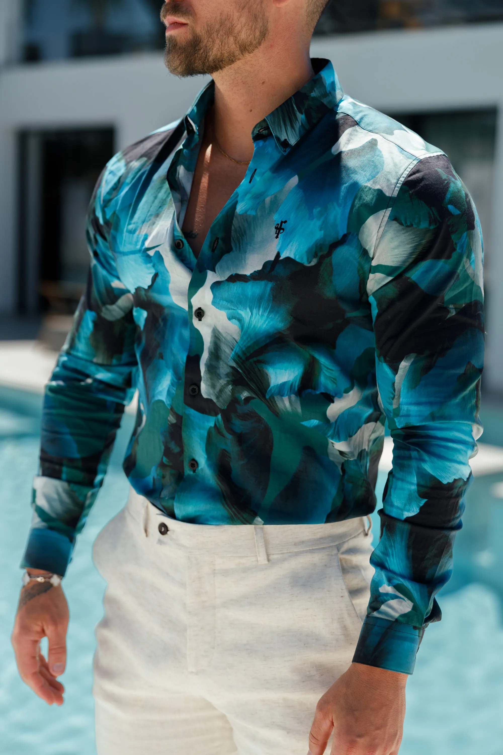 Classic Stretch LS Blue / Green Marine Print Button Down Collar - FS1109 sold by Father Sons product image thumbnail 2