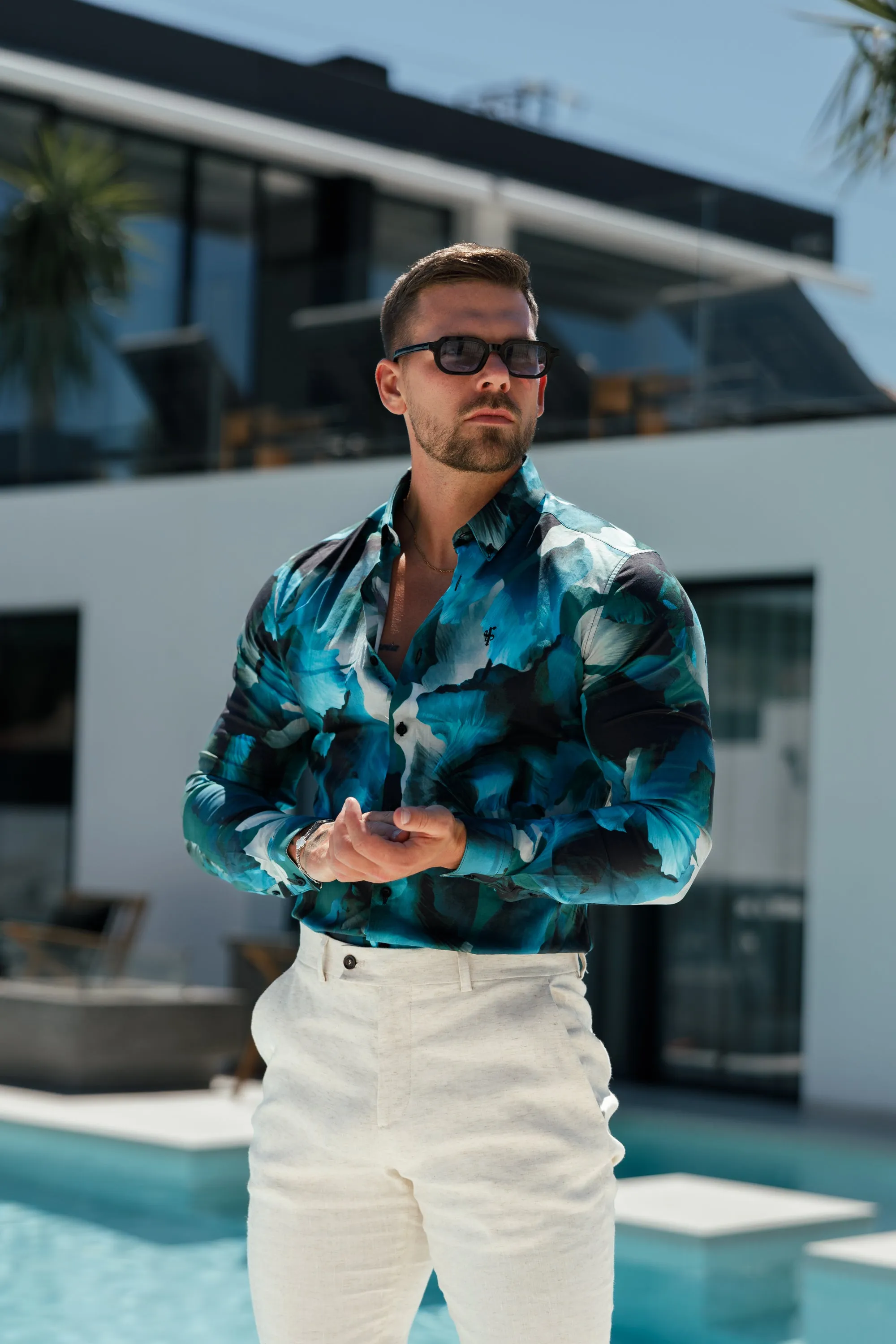 Classic Stretch LS Blue / Green Marine Print Button Down Collar - FS1109 sold by Father Sons product image thumbnail 4