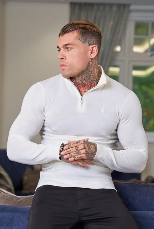 Father Sons Classic White Merino Wool Knitted Funnel Neck Zip Long Sleeve Jumper With FS Embroidery- FSN021 sold by Father Sons