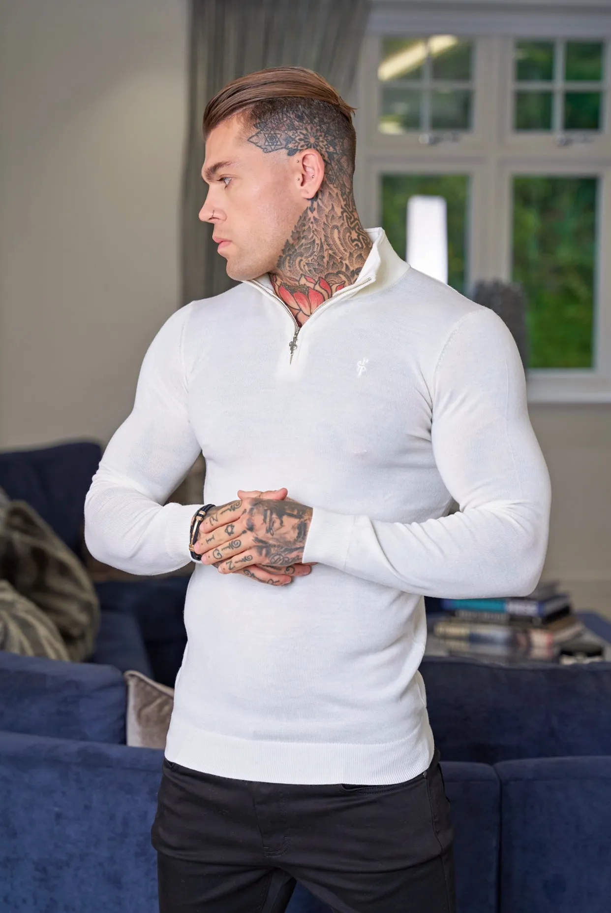 Father Sons Classic White Merino Wool Knitted Funnel Neck Zip Long Sleeve Jumper With FS Embroidery- FSN021 sold by Father Sons product image thumbnail 4