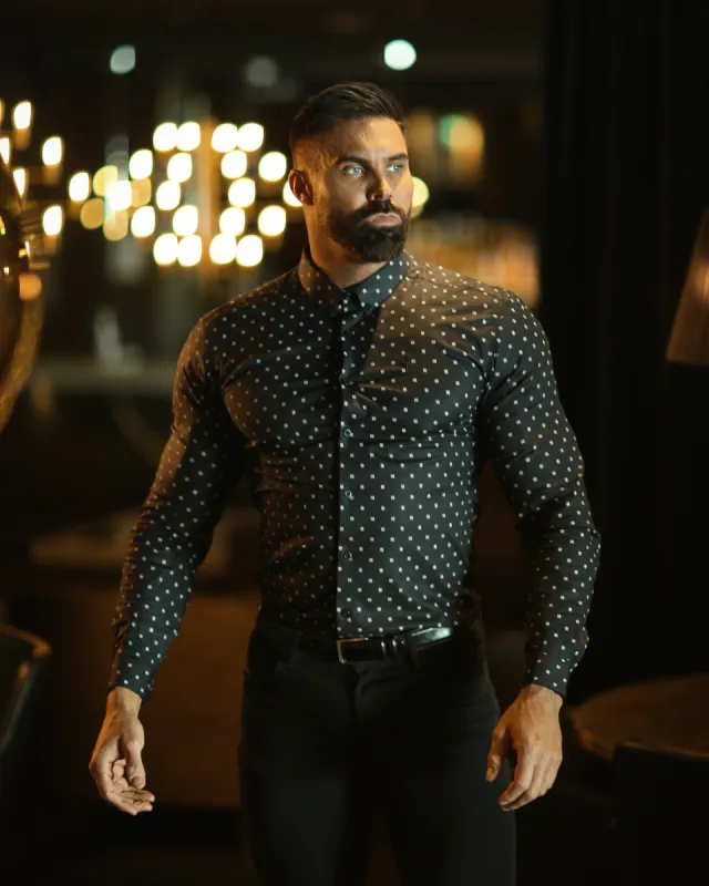 Father Sons Super Slim Stretch Charcoal & Off White Broken Square Print Long Sleeve - FS663 sold by Father Sons