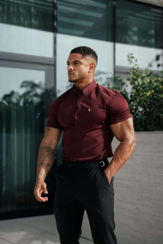 Father Sons Super Slim Stretch Burgundy Denim Short Sleeve with Gold Metal Decal and Button Down Collar - FS1045 sold by Father Sons