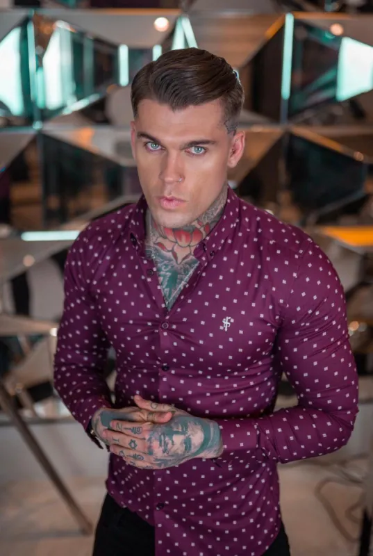 Father Sons Super Slim Stretch Burgundy & White Broken Square Print Long Sleeve - FS660 sold by Father Sons