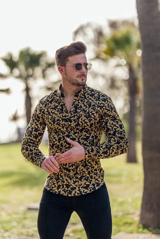 Father Sons Super Slim Stretch Black / Gold Scroll Print Long Sleeve with Button Down Collar - FS808 sold by Father Sons
